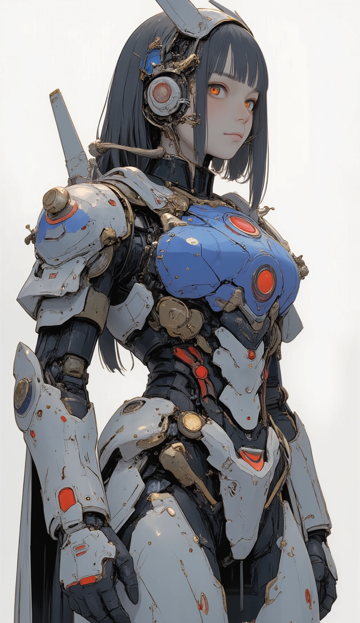 close-up、profile、詳細で印象的なガンダムを連想させるロボットSuitを着た美しい日本人女性が、It stands on a simple white background, Standing on a simple white background, neutral background . Suit、 the face and eyes of women a prominent blue chest plate with red and gold accents, It features designs reminiscent of futuristic armor. shoulders and arms、 is covered by a white protective plate with black and red details, mechanical yet sophisticated look. Also for legs、black eyes、 the face and eyes of women a combination of white armor with subtle red accents and blue elements on the legs, Similar to advanced robot exoskeleton designs. the face and eyes of women , adds a human element to mechanical ensembles. 照明はSuitの光沢を際立たせます, with reflective texture, creates a dynamic and appealing visual contrast. humans and humans in elaborate and impressive robot suits reminiscent of Gundam The robot element in the combination costume、ガンダムを思わせる精巧で印象的なロボットSuitを着た、 exudes both strength and elegance.