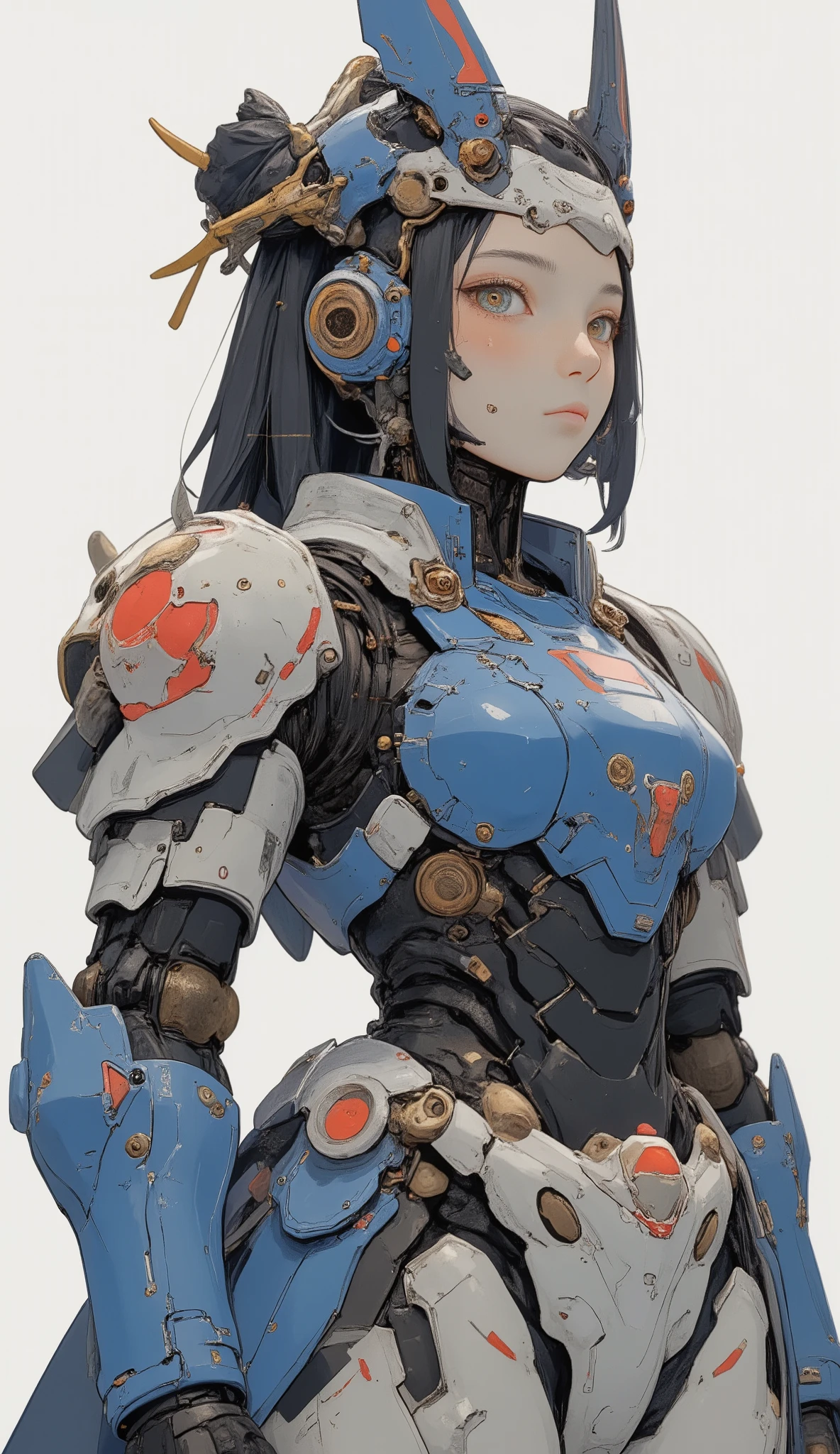 close-up、profile、詳細で印象的なガンダムを連想させるロボットSuitを着た美しい日本人女性が、It stands on a simple white background, Standing on a simple white background, neutral background . Suit、 the face and eyes of women a prominent blue chest plate with red and gold accents, It features designs reminiscent of futuristic armor. shoulders and arms、 is covered by a white protective plate with black and red details, mechanical yet sophisticated look. Also for legs、black eyes、 the face and eyes of women a combination of white armor with subtle red accents and blue elements on the legs, Similar to advanced robot exoskeleton designs. the face and eyes of women , adds a human element to mechanical ensembles. 照明はSuitの光沢を際立たせます, with reflective texture, creates a dynamic and appealing visual contrast. humans and humans in elaborate and impressive robot suits reminiscent of Gundam The robot element in the combination costume、ガンダムを思わせる精巧で印象的なロボットSuitを着た、 exudes both strength and elegance.