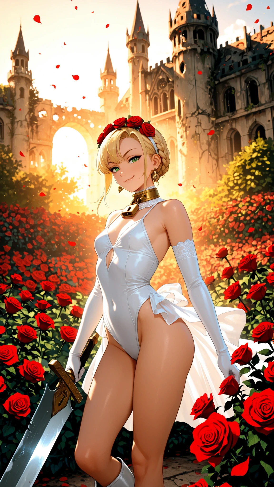 {{{ANIMATED FILM}}},{{{masterpiece}}},{{{top quality}}},{{super detailed earrings}},{{very soft and beautiful}},(top quality),Official Art, high rating ,High Resolution,incredibly High Resolution,masterpiece,top quality,Very Aesthetic,super detailed earrings,best illustration,Unity 8K Wallpaper,full detail,sexy body,FANTASY OUTDOOR SCENES TO SCOOP YOUR FEET,HDR,Golden Hour, natural light, Excellent lighting,rose garden, Abandoned Castle,rose garden, floating rose petals,red roses, Rosendall ,upper body with clear contours,1 otome,smug,has a, huge_wide blade, no dominant hand, Action Poses, DYNAMIC POSES, girl, slay enemies with all your might, Blonde, french braids,  Single Hairband , green eyes, stupid hair, White body, Elbow Gloves, Molnando, neckline, detachable collar, padlock, Lock, Bare feet,  boots , flower crown small breast