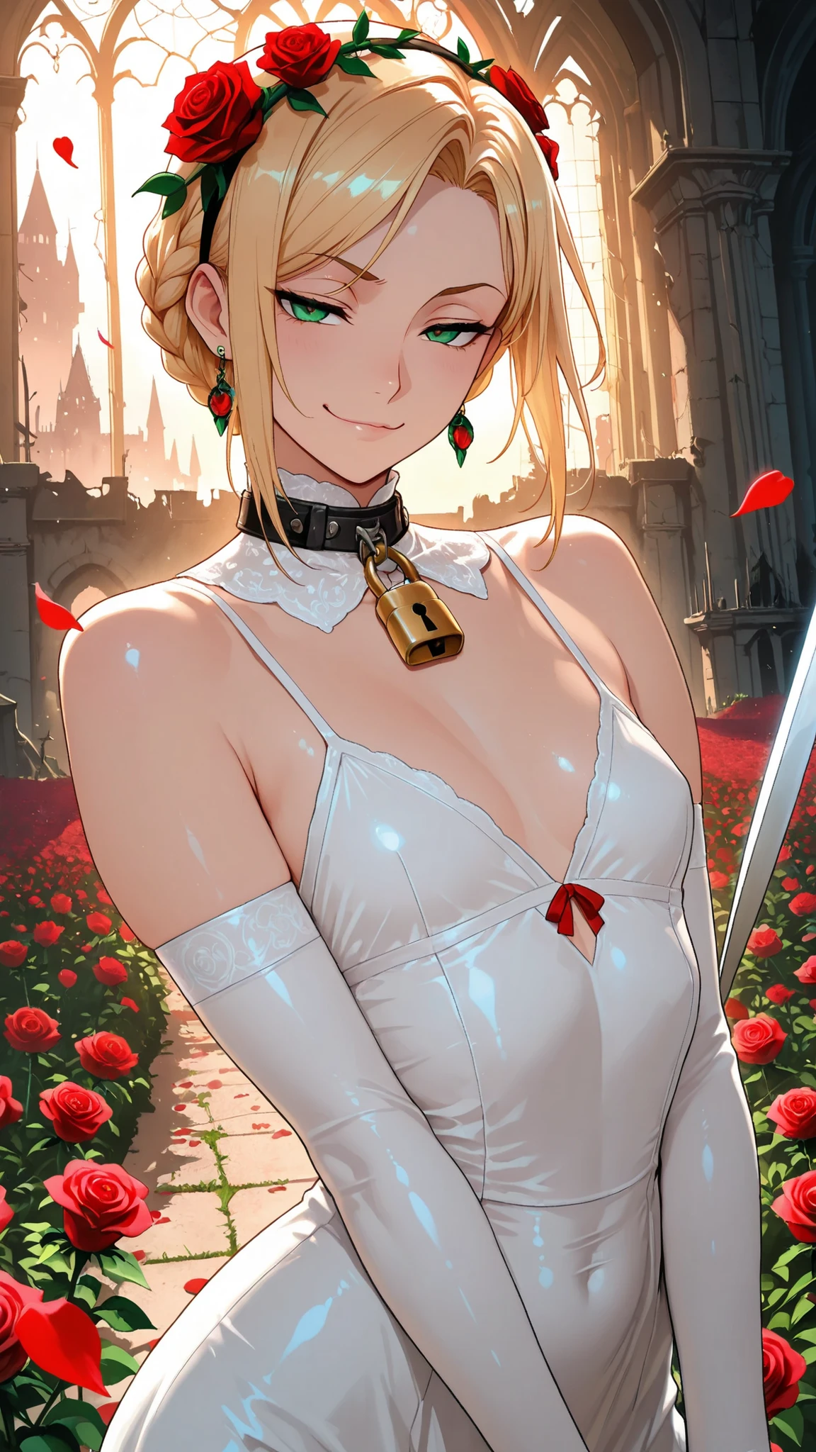 {{{animated film}}},{{{masterpiece}}},{{{top quality}}},{{super detailed earrings}},{{very soft and beautiful}},(top quality),Official Art, high rating ,High Resolution,incredibly High Resolution,masterpiece,top quality,Very Aesthetic,super detailed earrings,best illustration,Unity 8K Wallpaper,full detail,sexy body,dynamic lighting,HDR,Golden Hour, natural light, Excellent lighting,rose garden, Abandoned Castle,rose garden, floating rose petals,red roses, Rosendall ,upper body with clear contours,1 otome,smug,has a, huge_wide blade, no dominant hand, Action Poses, DYNAMIC POSES, girl, slay enemies with all your might, Blonde, French braids, Single Hairband , green eyes, stupid hair, White body, Elbow Gloves, Molnando, neckline, detachable collar, padlock, Lock, Bare feet, boots , flower crown small breast