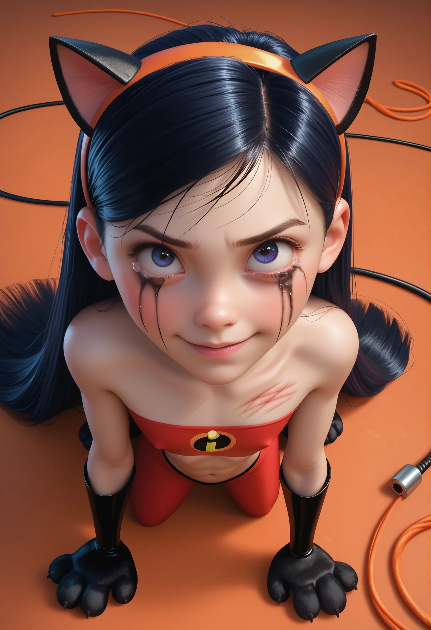 score_9, score_8_up, score_7_up, score_6_up, score_5_up, score_4_up, 1girl, VioletParr, superhero, long hair,detailed skin, abstract background, beautiful girl, beautiful eyes , cute babe, excessive long hair, strapless tube top, navel, cat ears, cute underwear (g-string), cat paws gloves, seductive, little smile, excessive whip marks, happy, black makeup, black mascara running, black tears , skinny, full body, front view, three-quarter view, crawling on all fours , ass visible , flat chest, looking up at viewer, view from above, ghotic makeup 