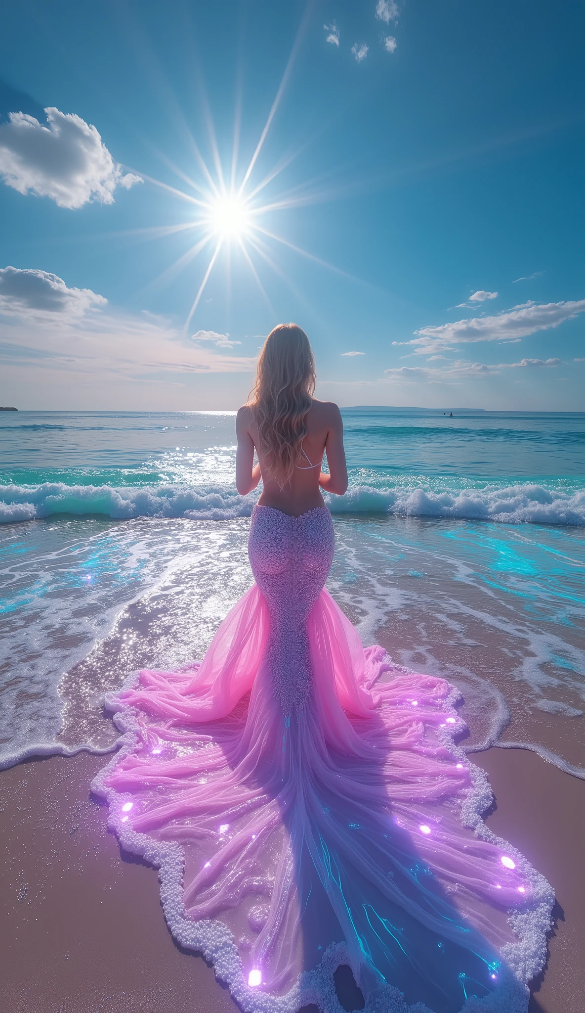 A Summer Solstice Luminescent Shoreline featuring a serene mermaid queen, where the longest day casts magical light on a beach scene. Employ shimmering coral pink and aqua blue to create a sun-drenched, ethereal atmosphere with glowing sand and bioluminescent waves --ar 3:2 --v 7.0