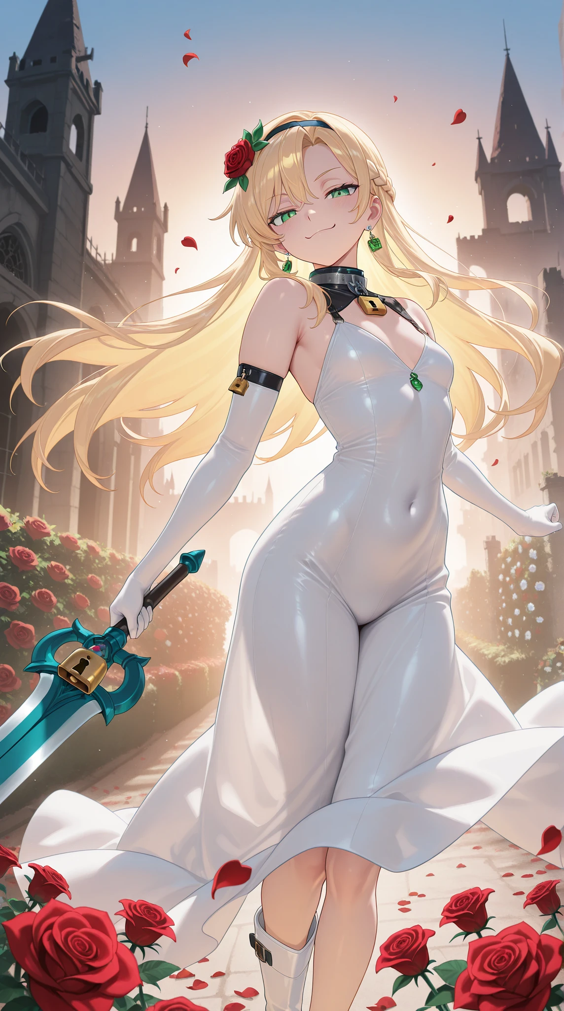 {{{animated film}}},{{{masterpiece}}},{{{top quality}}},{{super detailed earrings}},{{very soft and beautiful}},(top quality),Official Art, high rating ,High Resolution,incredibly High Resolution,masterpiece,top quality,Very Aesthetic,super detailed earrings,best illustration,Unity 8K Wallpaper,full detail,sexy body,dynamic lighting,HDR,Golden Hour, natural light, Excellent lighting,rose garden, Abandoned Castle,rose garden, floating rose petals,red roses, Rosendall ,upper body with clear contours,1 otome,smug,has a, huge_wide blade, no dominant hand, Action Poses, DYNAMIC POSES, girl, slay enemies with all your might, Blonde, French braids, Single Hairband , green eyes, stupid hair, White body, Elbow Gloves, Molnando, neckline, detachable collar, padlock, Lock, Bare feet, boots , flower crown small breast