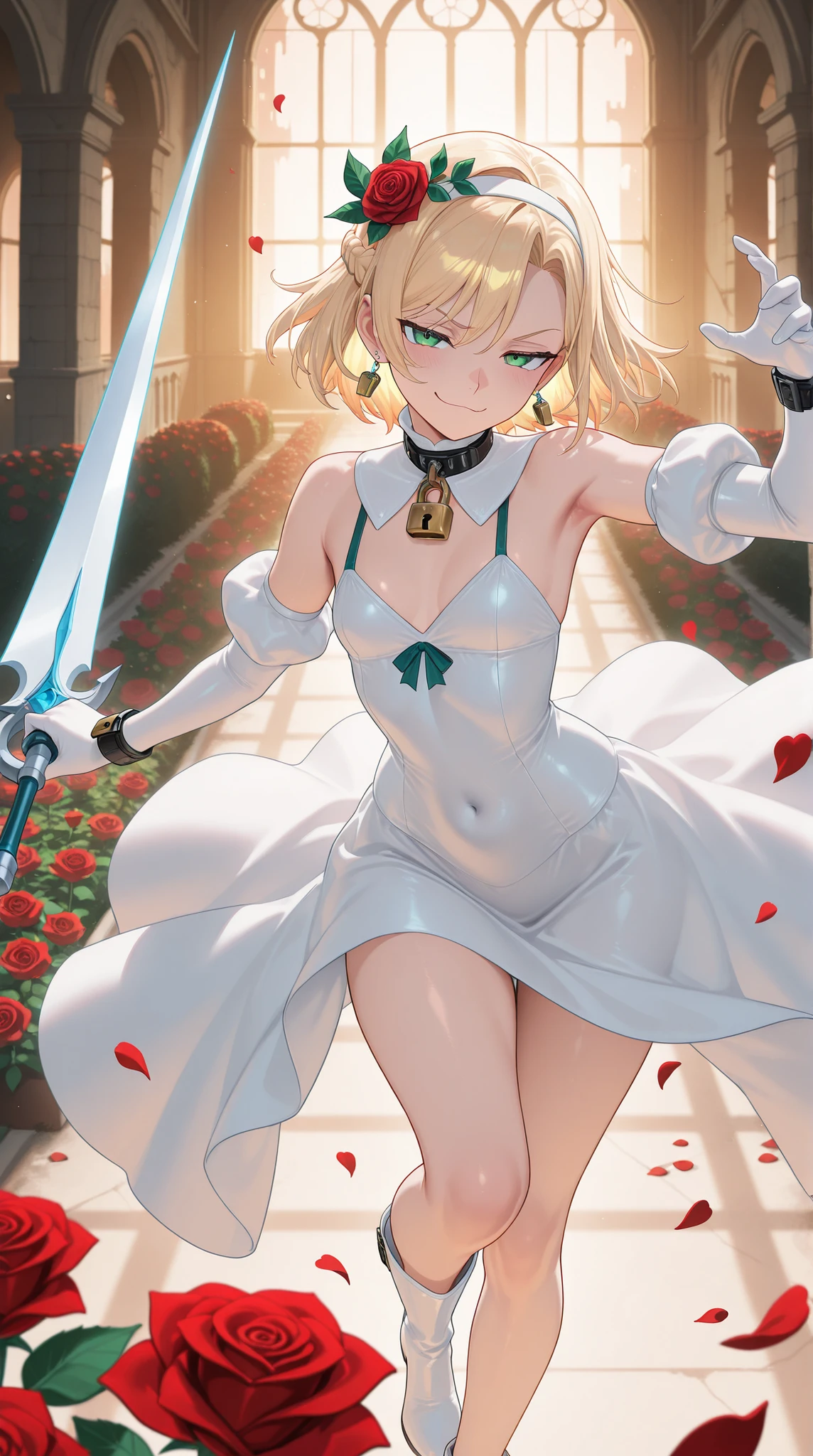 {{{animated film}}},{{{masterpiece}}},{{{top quality}}},{{super detailed earrings}},{{very soft and beautiful}},(top quality),Official Art, high rating ,High Resolution,incredibly High Resolution,masterpiece,top quality,Very Aesthetic,super detailed earrings,best illustration,Unity 8K Wallpaper,full detail,sexy body,dynamic lighting,HDR,Golden Hour, natural light, Excellent lighting,rose garden, Abandoned Castle,rose garden, floating rose petals,red roses, Rosendall ,upper body with clear contours,1 otome,smug,has a, huge_wide blade, no dominant hand, Action Poses, DYNAMIC POSES, girl, slay enemies with all your might, Blonde, French braids, Single Hairband , green eyes, stupid hair, White body, Elbow Gloves, Molnando, neckline, detachable collar, padlock, Lock, Bare feet, boots , flower crown small breast