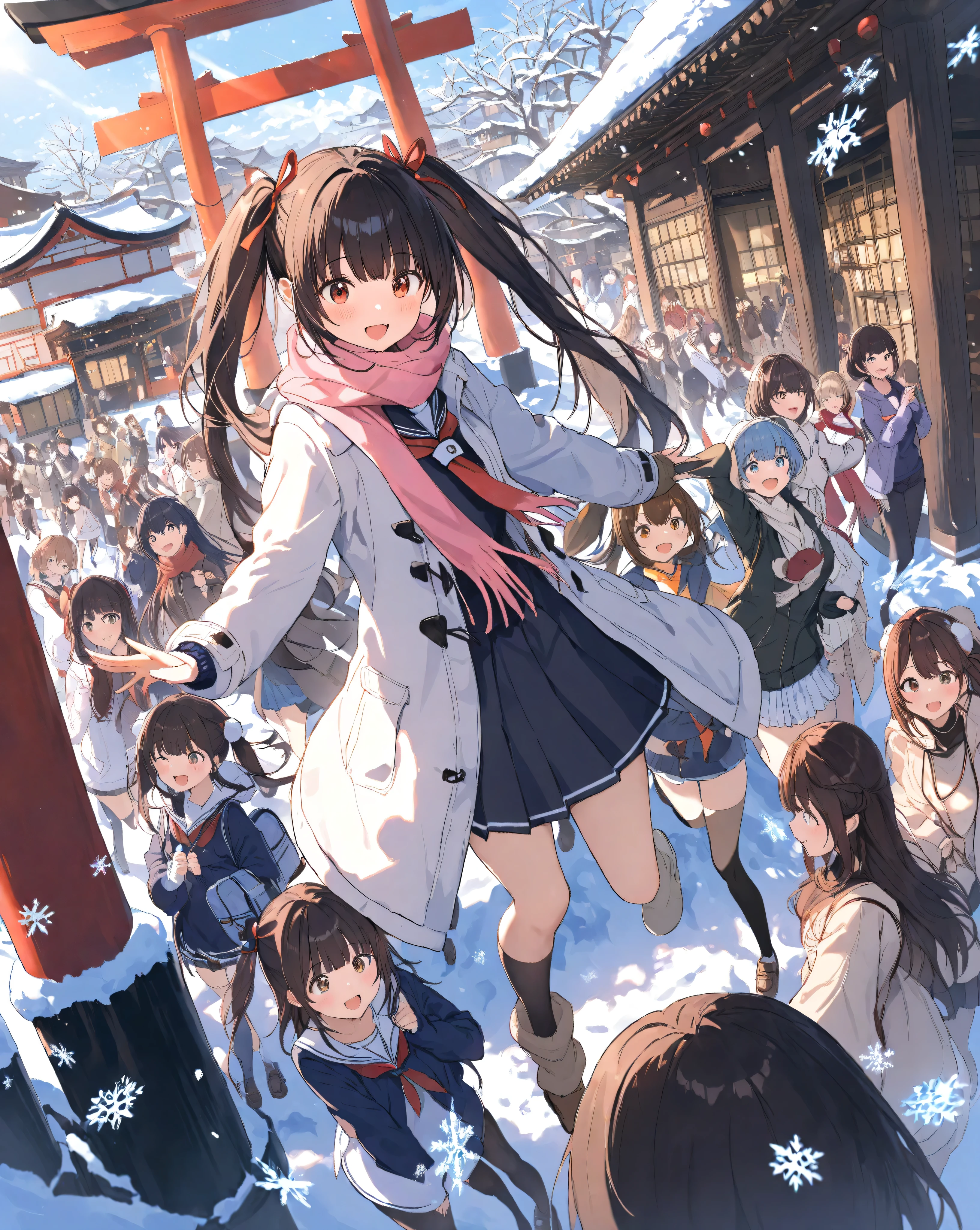 Dynamic anime-style crowd scene: Energetic 16yo girl in center with joyful smile, dimples, twin ponytails, navy sailor uniform & scarf, jogging amid swirling snowflakes. Surrounded by dozens of lively high school girls in winter coats chatting/laughing, diverse students on frosty morning path with lanterns, snow-dusted tiled houses, distant torii gate. Low-angle vibrancy, Ghibli whimsy, warm winter sunlight, 8k masterpiece.