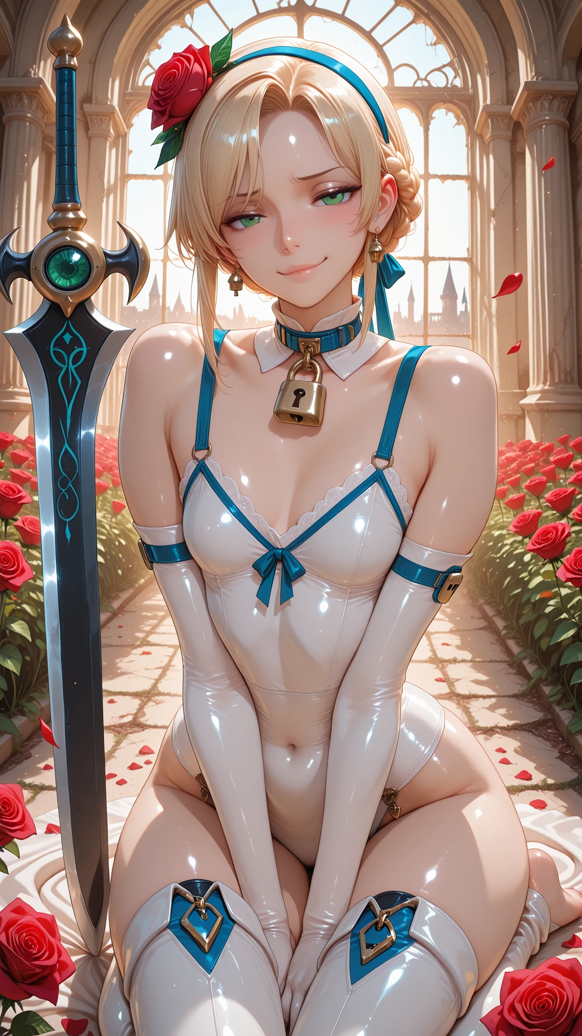 {{{animated film}}},{{{masterpiece}}},{{{top quality}}},{{super detailed earrings}},{{very soft and beautiful}},(top quality),Official Art, high rating ,High Resolution,incredibly High Resolution,masterpiece,top quality,Very Aesthetic,super detailed earrings,best illustration,Unity 8K Wallpaper,full detail,sexy body,dynamic lighting,HDR,Golden Hour, natural light, Excellent lighting,rose garden, Abandoned Castle,rose garden, floating rose petals,red roses, Rosendall ,upper body with clear contours,1 otome,smug,has a, huge_wide blade, no dominant hand, Action Poses, DYNAMIC POSES, girl, slay enemies with all your might, Blonde, French braids, Single Hairband , green eyes, stupid hair, White body, Elbow Gloves, Molnando, neckline, detachable collar, padlock, Lock, Bare feet, boots , flower crown small breast