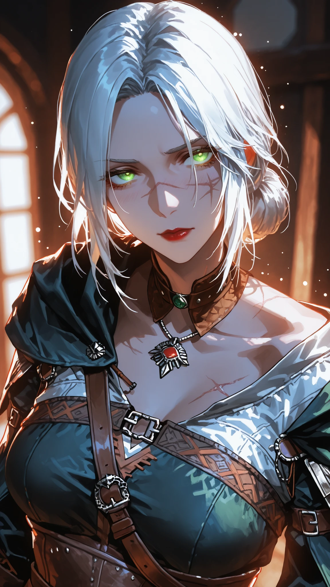 1girl, ciri, ciri(witcher), ciri(Witcher3), u u zan, Masterpiece, amazing quality, 8k, ultra detailed, refined details, chill, high resolution, HD, masterwork, digital illustration, 7481llu, LDSCH, dynamic pose, glowing eyes, dynamic angle, crisp outlines, vibrant colors, soft shading, bright lighting, ultra-detailed, high contrast, bokeh, volumetric lighting, lipstick, blurry, depth of field, absurdres, best quality, newest, very aesthetic, s1_dram, masterpiece, best quality, absurdres, high detail, traditional media , depth of field, blurry background, light particles, (lineless:1.2) TW3C1r1, 1girl, White hair, hair bun, green eyes, scar on face, portrait. looking away