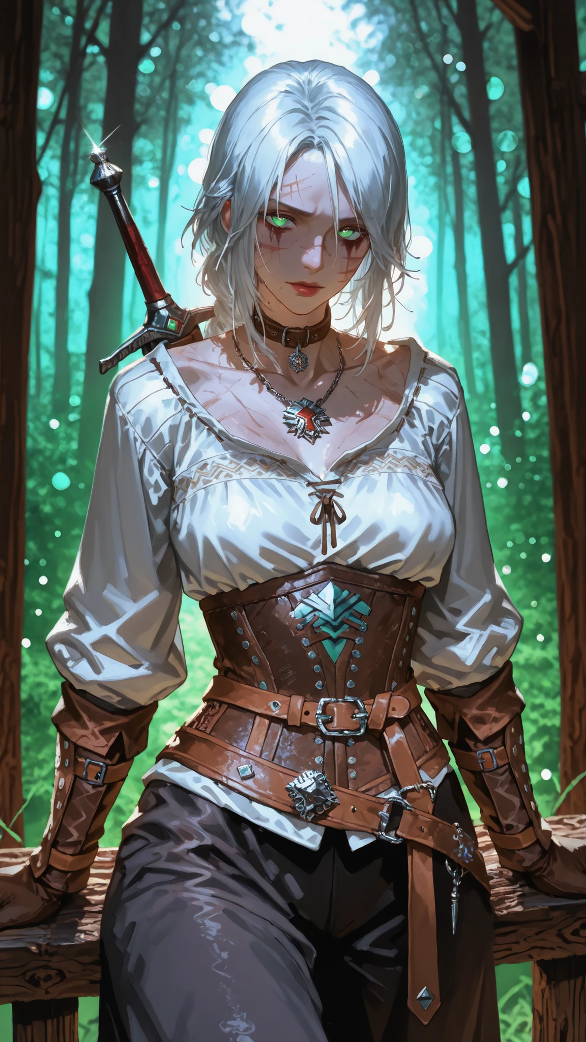 1girl, ciri, ciri(witcher), ciri(Witcher3), u u zan, Masterpiece, amazing quality, 8k, ultra detailed, refined details, chill, high resolution, HD, masterwork, digital illustration, 7481llu, LDSCH, dynamic pose, glowing eyes, dynamic angle, crisp outlines, vibrant colors, soft shading, bright lighting, ultra-detailed, high contrast, bokeh, volumetric lighting, lipstick, blurry, depth of field, absurdres, best quality, newest, very aesthetic, lips, scar on face, realistic, green eyes, looking at viewer, Fine Detailed, hyperrealistic, photorealistic, OBbllai, curvy female, Ciri A hyper-realistic portrait of Ciri from The Witcher, captured resting on a mossy wooden fence at the edge of a sun-dappled forest, rendered with maximum detail and clarity. Her silver-white hair is loosely tied in a messy, practical bun, with soft wisps escaping to brush her face and neck, each strand illuminated by filtered sunlight that breaks through the dense green canopy above. Her pale, freckled skin is bathed in warm natural light, revealing delicate pores, faint battle scars on her cheek and jaw, and a subtle flush across her cheekbones. Her gaze is pensive and introspective, vibrant green eyes rimmed with dark, smudged makeup, the famous scar beneath her left eye captured with nuanced skin texture. She wears her iconic Witcher attire: an off-white linen blouse, deeply wrinkled and dirt-stained from travel, collar loose, exposing a silver Witcher medallion nestled at her collarbone. Her leather corset is richly detailed—stitched panels, embossed with intricate designs, adorned with polished silver discs and emerald insets that glint in the sunlight. Wide brown leather belts cross her waist and hips, brass buckles oxidized and worn, with her sword resting against her back, the hilt rendered in tactile detail, wood grain and metal filigree catching the light. Fitted brown leather gloves and bracers hug her arms, their weathered surfaces lined with tiny creases, scuffs, and laces.