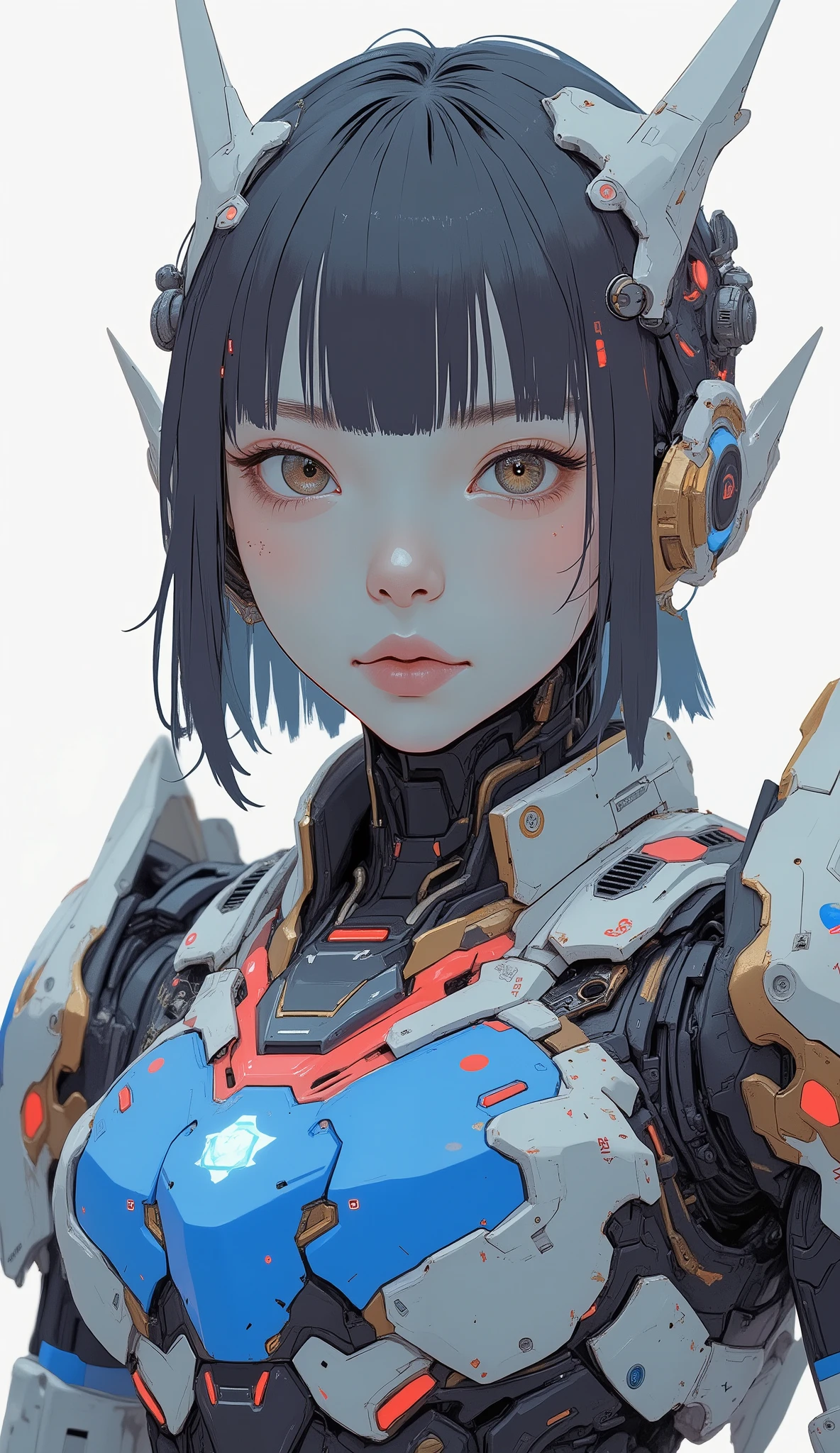 eye-level angle、close-up、詳細で印象的なガンダムを連想させるロボットSuitを着た美しい日本人女性が、It stands on a simple white background, looks up at the sky、Standing on a simple white background, neutral background . Suit、 the face and eyes of women a prominent blue chest plate with red and gold accents, It features designs reminiscent of futuristic armor. shoulders and arms、 is covered by a white protective plate with black and red details, mechanical yet sophisticated look. Also for legs、black eyes、 the face and eyes of women a combination of white armor with subtle red accents and blue elements on the legs, Similar to advanced robot exoskeleton designs. the face and eyes of women , adds a human element to mechanical ensembles. 照明はSuitの光沢を際立たせます, with reflective texture, creates a dynamic and appealing visual contrast. humans and humans in elaborate and impressive robot suits reminiscent of Gundam The robot element in the combination costume、ガンダムを思わせる精巧で印象的なロボットSuitを着た、 exudes both strength and elegance.