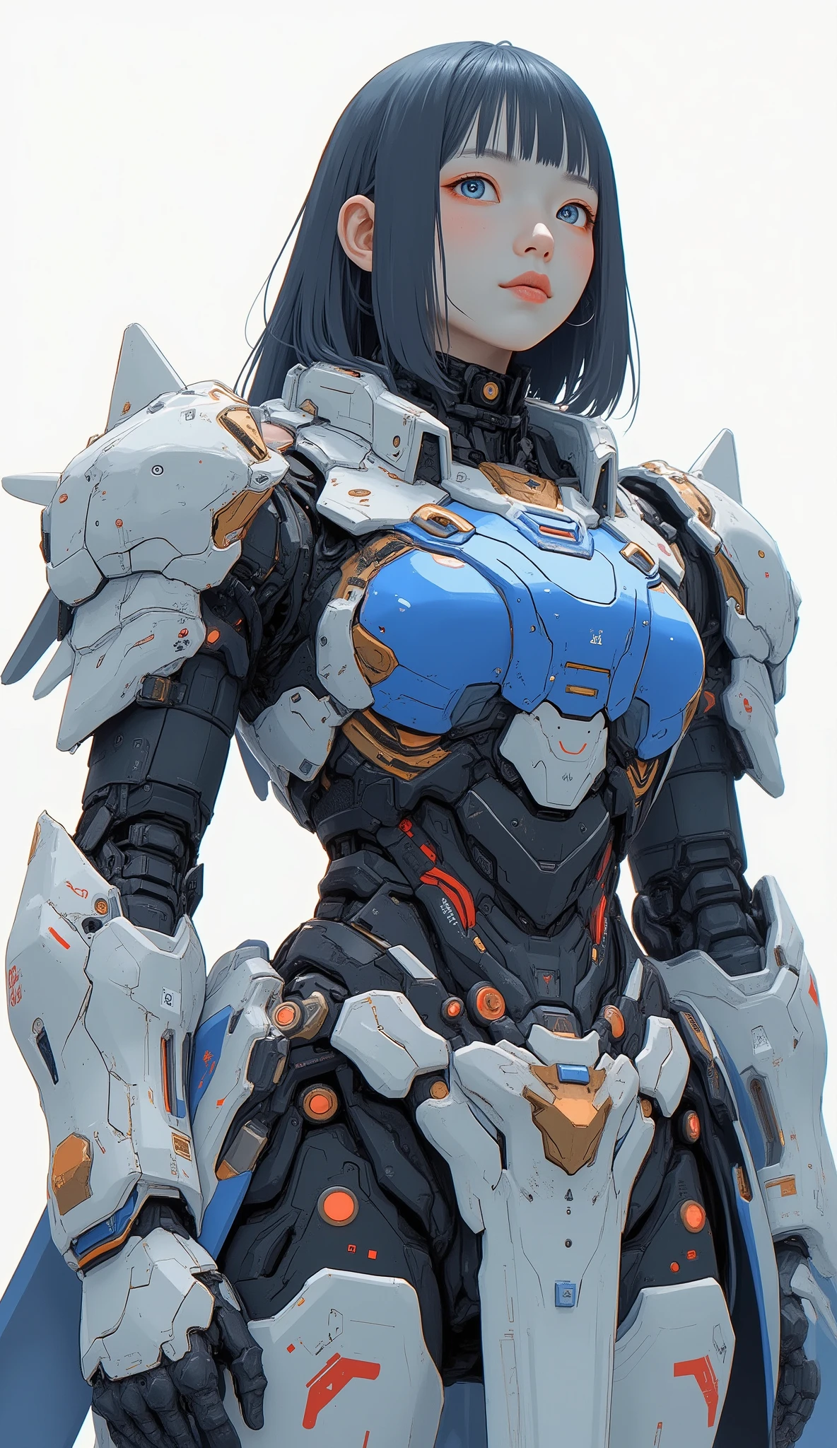 eye-level angle、close-up、詳細で印象的なガンダムを連想させるロボットSuitを着た美しい日本人女性が、It stands on a simple white background, looks up at the sky、Standing on a simple white background,  neutral background . Suit、 the face and eyes of women a prominent blue chest plate with red and gold accents, It features designs reminiscent of futuristic armor. shoulders and arms、 is covered by a white protective plate with black and red details, mechanical yet sophisticated look. Also for legs、black eyes、 the face and eyes of women a combination of white armor with subtle red accents and blue elements on the legs, Similar to advanced robot exoskeleton designs. the face and eyes of women , adds a human element to mechanical ensembles. 照明はSuitの光沢を際立たせます, with reflective texture, creates a dynamic and appealing visual contrast. humans and humans in elaborate and impressive robot suits reminiscent of Gundam The robot element in the combination costume、ガンダムを思わせる精巧で印象的なロボットSuitを着た、 exudes both strength and elegance.