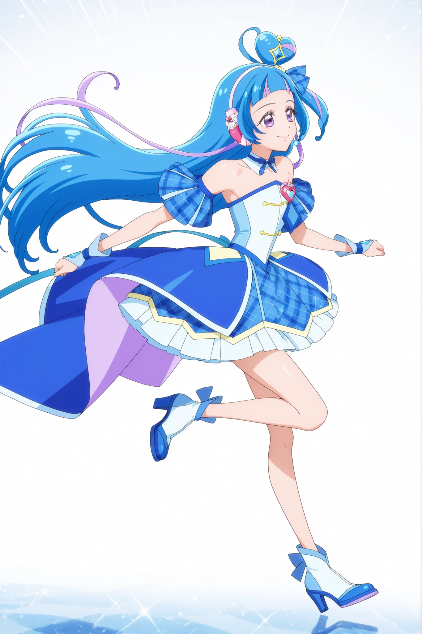 cure wink, kimi to idol precure, blue hair, magical girl, mini crown, purple eyes, blue dress, tilted headwear, very long hair, blunt bangs,  shoulders, hairband, two-tone hair, purple hair, jewelry, idol clothes, masterpiece, best quality, anime, source anime, illustration,idol heart brooch, headset ,thigh ,closed mouth ,smile,running ,glossy lips ,medium breast,full body,from side , white lighting background