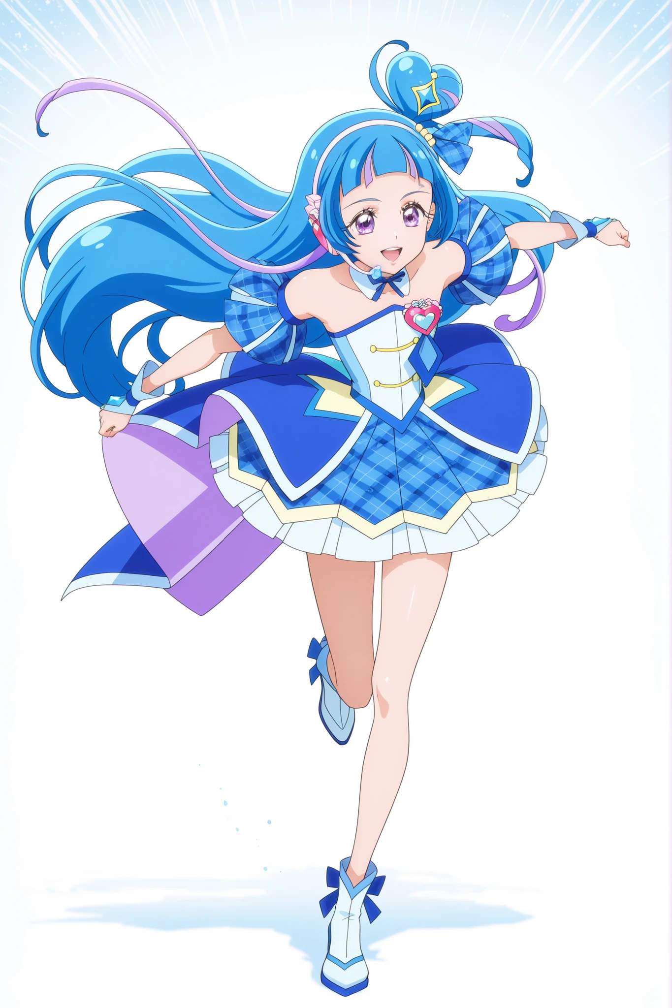 cure wink, kimi to idol precure, blue hair, magical girl, mini crown, purple eyes, blue dress, tilted headwear, very long hair, blunt bangs,  shoulders, hairband, two-tone hair, purple hair, jewelry, idol clothes, masterpiece, best quality, anime, source anime, illustration,idol heart brooch, headset ,thigh ,open mouth ,smile,running ,glossy lips ,medium breast,full body,from front, white lighting background
