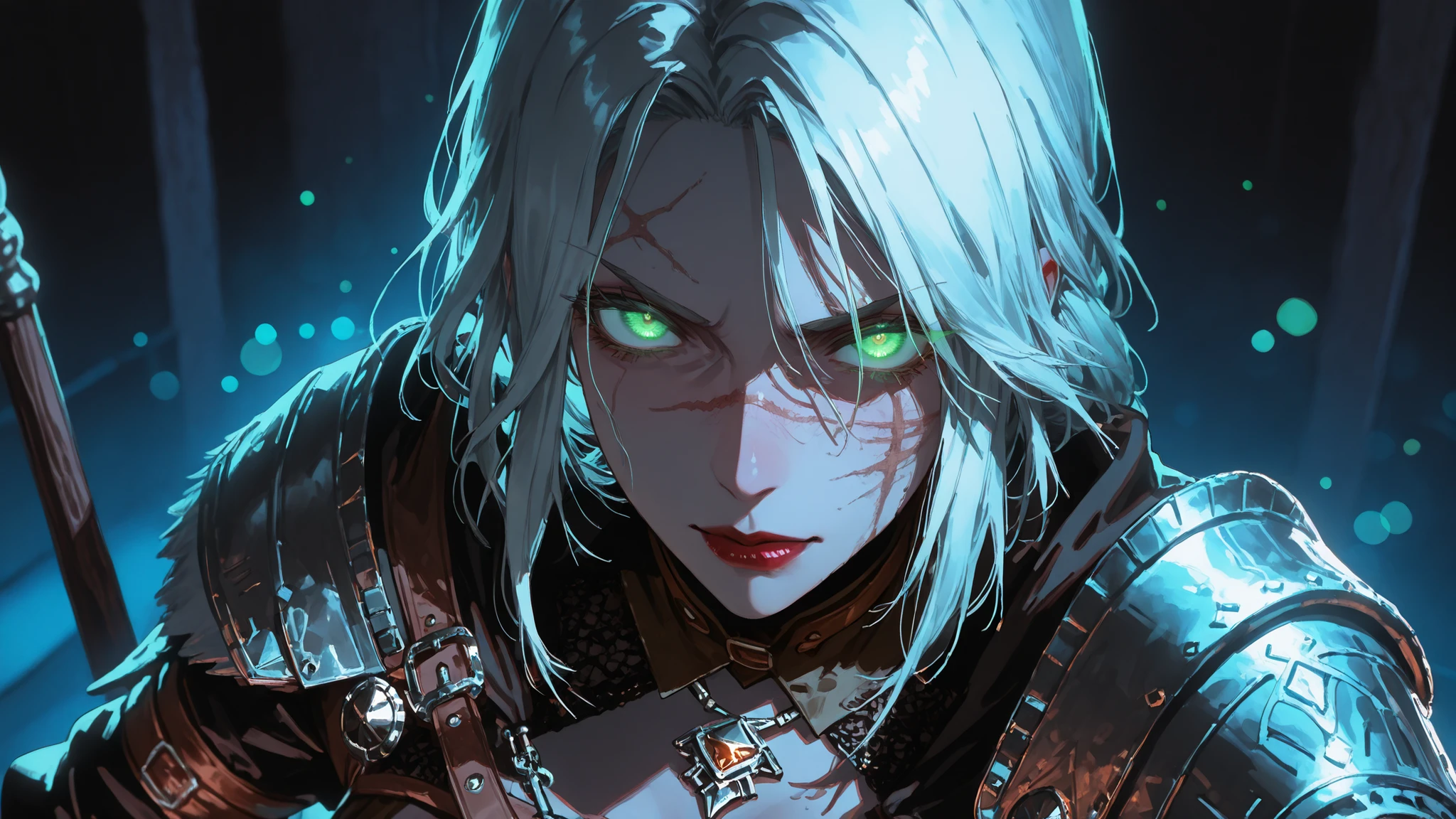 1girl, ciri, ciri(witcher), ciri(Witcher3), u u zan, Masterpiece, amazing quality, 8k, ultra detailed, refined details, chill, high resolution, HD, masterwork, digital illustration, 7481llu, LDSCH, dynamic pose, glowing eyes, dynamic angle, crisp outlines, vibrant colors, soft shading, bright lighting, ultra-detailed, high contrast, bokeh, volumetric lighting, lipstick, blurry, depth of field, absurdres, best quality, newest, very aesthetic,An anime style picture of Ciri, (close up shot), (portrait), upper body, corruption, bodysuit, slutty expression, glowing eyes, green eyes, scar on face,
