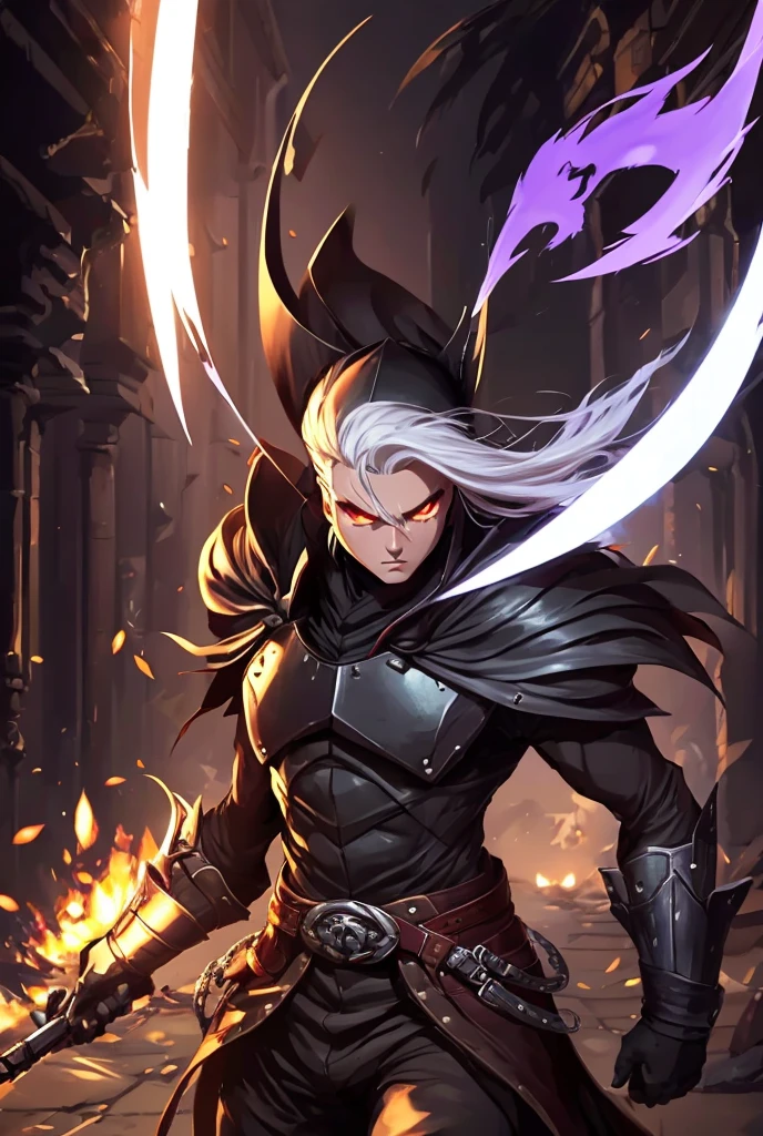 a handsome boy with striking white and red hair,wearing black fit armour,extremely detailed face,piercing eyes,sharp nose,sensual lips,chiseled jawline,muscular physique,son of sparda,photo-realistic portrait,dramatic lighting,cinematic composition,dark fantasy,moody atmosphere,rich color palette,masterpiece