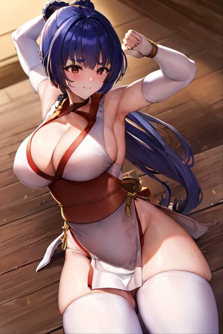 masterpiece, best quality, highres, hmushiwa, side ponytail, long hair, hat, tate eboshi, feather hair ornament, japanese armor, breast curtains, navel, detached sleeves, asymmetrical sleeves, white sleeves, purple sleeves, pom pom (clothes), tassel, blue panties, single glove, single pantsleg, <lora:ushiwakamaru_(fate)_v1:0.8>, smile, sitting, bench, cowboy shot,