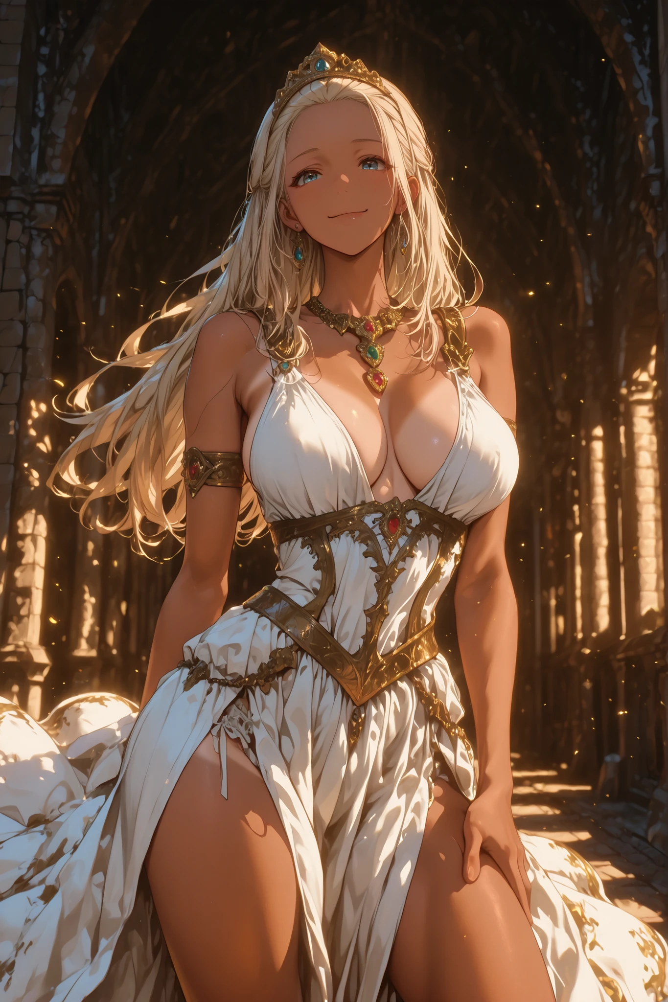 masterpiece, ultra detailed, 8k, RAW photo, portrait photography, 1 woman, (Fantasy), cool face, smile, Adult beautiful, 26 years old, tareme, dynamic pose, Slicked back blond hair, tiara, Luxury, (sleeveless white dressed), gold trim, armlet, fluttering in the wind, sandal, wearing many accessories, (jewel necklace), neckline, Midday Sun, athletic body, beautiful sculptural body, tanned, large breasts, Beautiful breasts, Long legs, in the medieval castle, beautiful and meticulous eyes, standing, contrapposto, put hand on hips, cowboy shot,