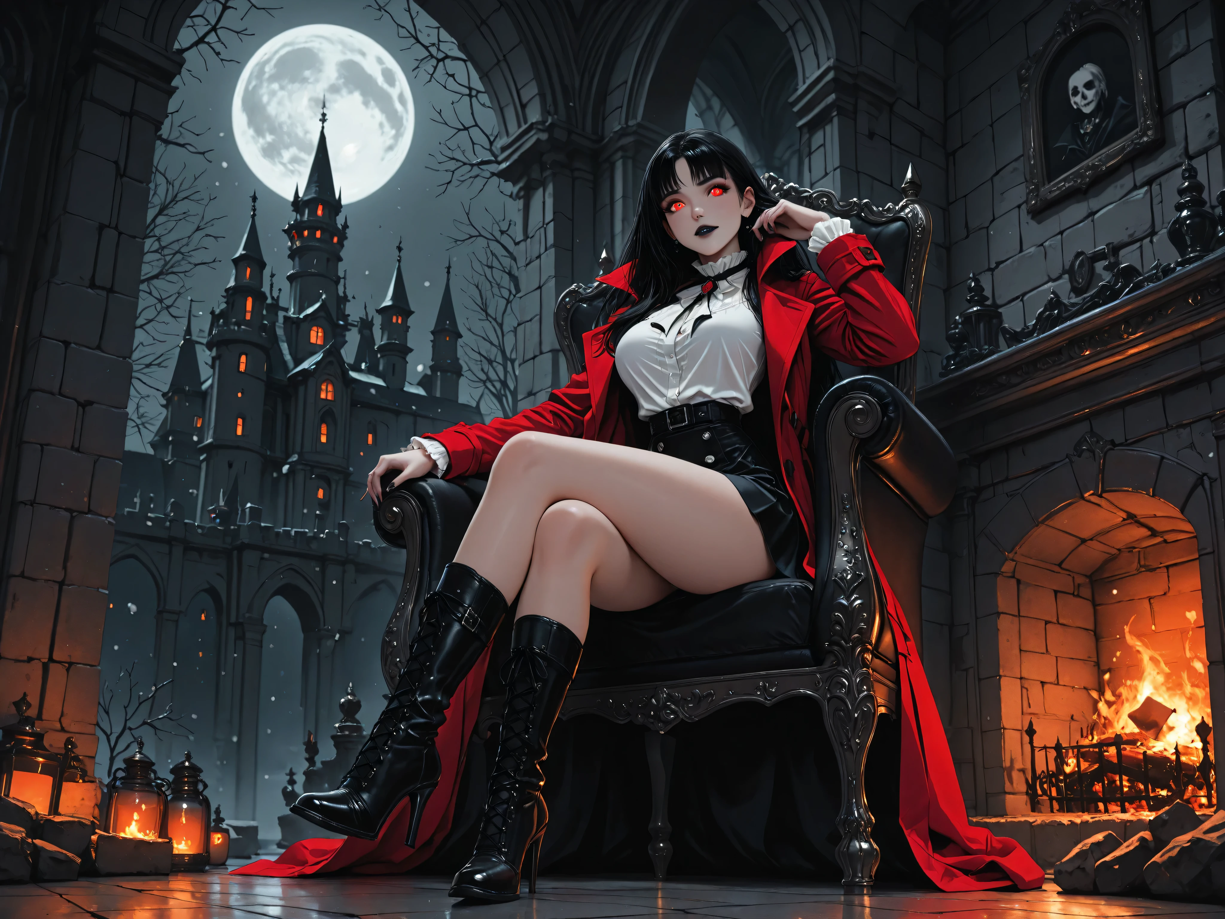 aidmaMJ6.1,score_9, score_8_up, score_7_up, score_6_up, score_5_up, score_4_up, black and white 19th century photograph style, of a female vampire in the night sitting near the fireplace in snowy night , a goth beauty, exquisite beautiful female vampire, best detailed face, red glowing eyes, full body, busty, wearing white bottom shirt, short skirt,  wearing high heeled boots, wearing  red trench coat, flowing trench coat, it is night time, moon light. moon rays, room of goth castle, background, vibrant, Ultra-high resolution, High Contrast, (masterpiece:1.5), highest quality, Best aesthetics), best details, best quality, highres, ultra wide angle, 16k, [ultra detailed], masterpiece, best quality, (extremely detailed) RAW,  ral-chrosc-bw