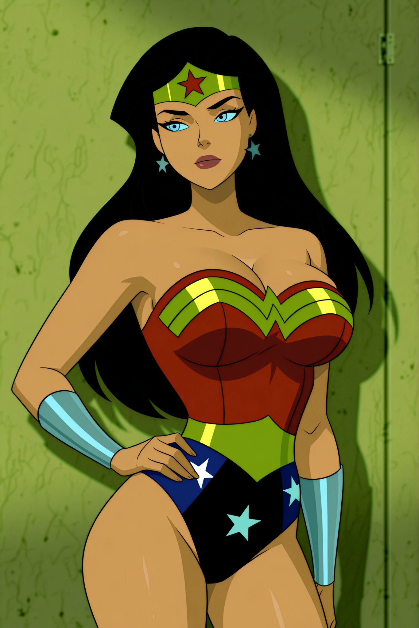 anime coloring, dramatic lighting, intricate details, masterpiece, best quality, absurdres, depth, Diana_XL, 1girl, solo, blue eyes, black hair, long hair, big breasts, cleavage, jewelry, bracers, vambraces, bare shoulders, earrings, star (symbol), strapless, makeup, tiara, lipstick, circlet, star earrings, superhero, lips, leotard, red leotard, white star print, perfect thighs, cowboy shot, full lips, prison background, closer up, full red lips, closed mouth, standing, hand on hip, facing viewer,