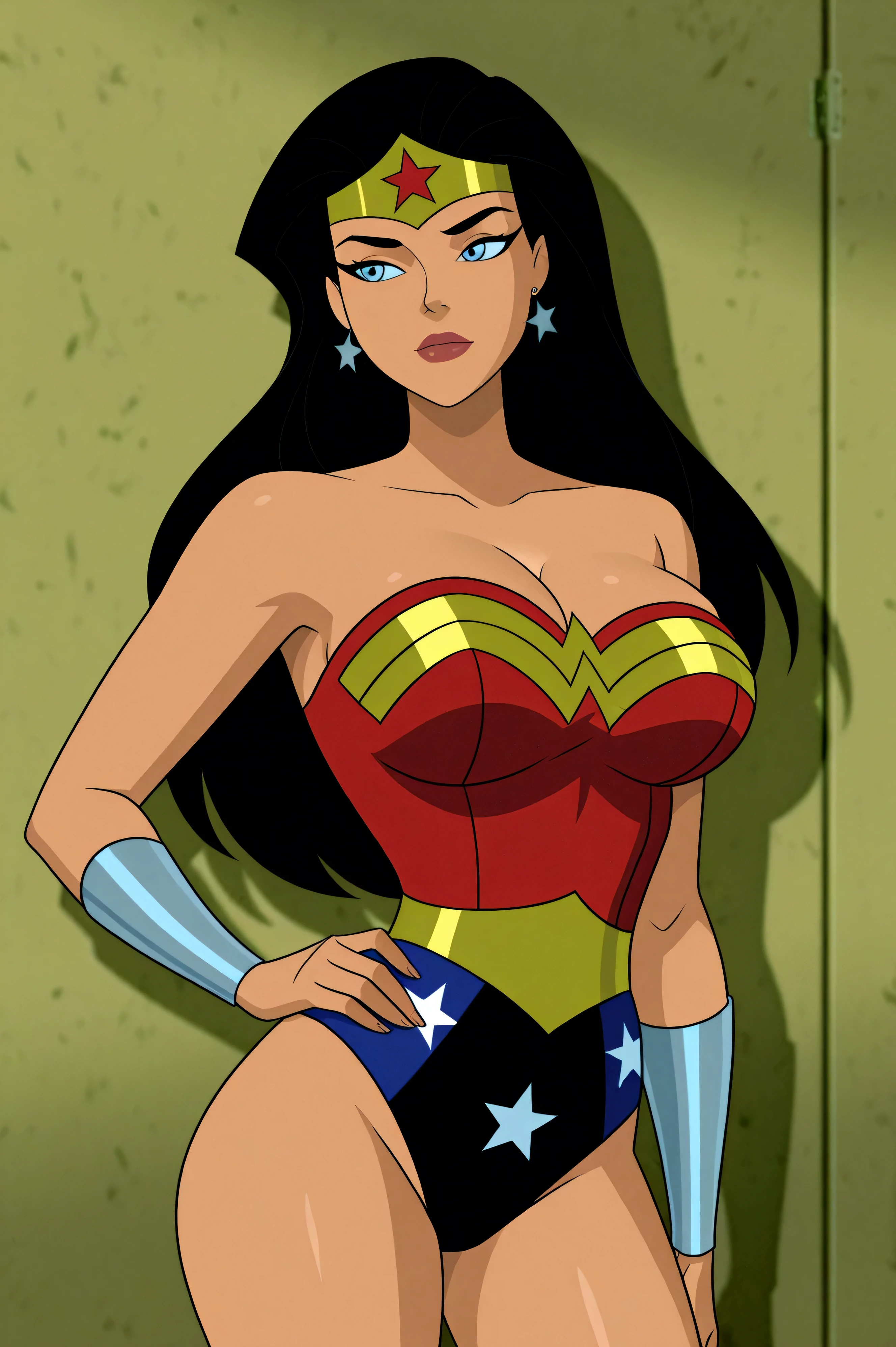 anime coloring, dramatic lighting, intricate details, masterpiece, best quality, absurdres, depth, Diana_XL, 1girl, solo, blue eyes, black hair, long hair, big breasts, cleavage, jewelry, bracers, vambraces, bare shoulders, earrings, star (symbol), strapless, makeup, tiara, lipstick, circlet, star earrings, superhero, lips, leotard, red leotard, white star print, perfect thighs, cowboy shot, full lips, prison background, closer up, full red lips, closed mouth, standing, hand on hip, facing viewer, 