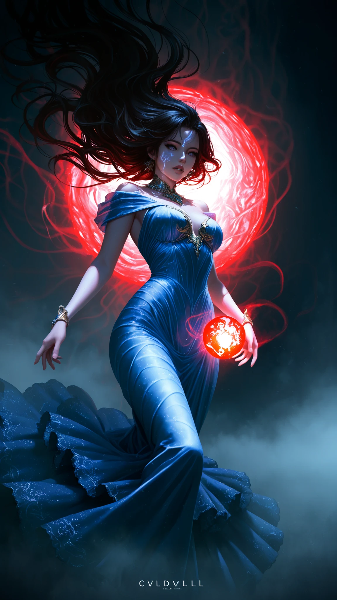 a highly detailed, hyper-realistic, SDXL-ready digital artwork, 8k, ultra-detailed, masterpiece, physically-based rendering, professional, cinematic lighting, moody, dramatic, dark, chiaroscuro, striking contrast, deep shadows, vivid colors, female figure, elegant, graceful posture, alluring gaze, mesmerizing facial features, porcelain skin, full lips, thick eyelashes, flowing hair, intricate dress, ornate jewelry, dramatic fantasy scene, surreal, imaginative, ethereal, atmospheric, mist, fog, glowing orbs, mystical elements, cinematic angle, atmospheric depth of field, seamless composition