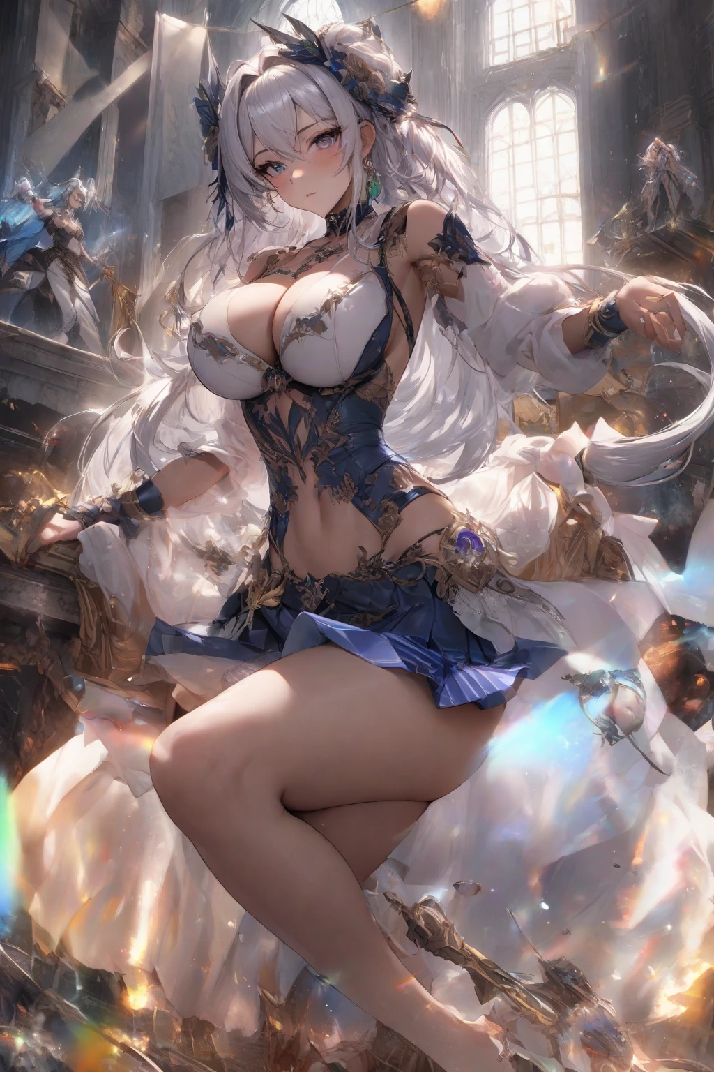 (masterpiece), best quality, expressive eyes, perfect face,1girl,furina,genshin impact,palace,night,castle wall,mirror,big breasts,blush,cleavage,cat girl,cat ears,cat tail,full body,strapless idol dress,bare shoulders,detached sleeves,navel,cute top,cute fluffy skirt,layered skirt,showgirl skirt,paw pose,happy,excited,spoken heart