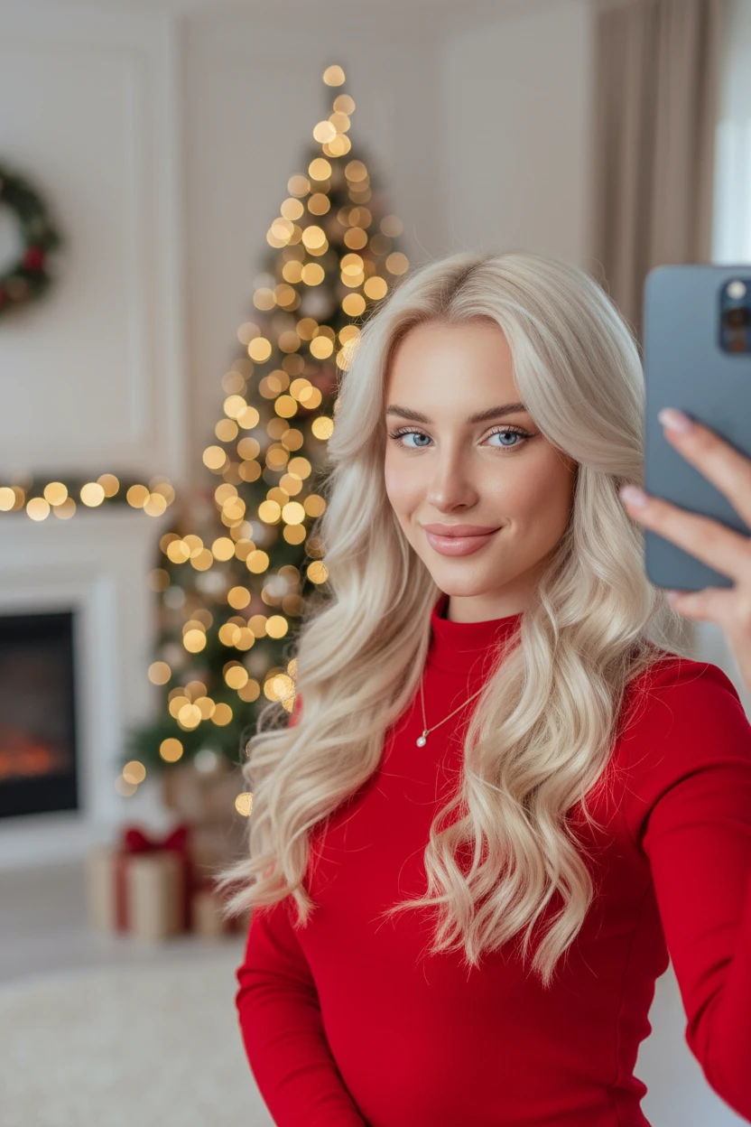landscape of a woman selfie in a cozy surrounding, ultrafine detailed, 4K, elegant, aidmaChristmasOutfit