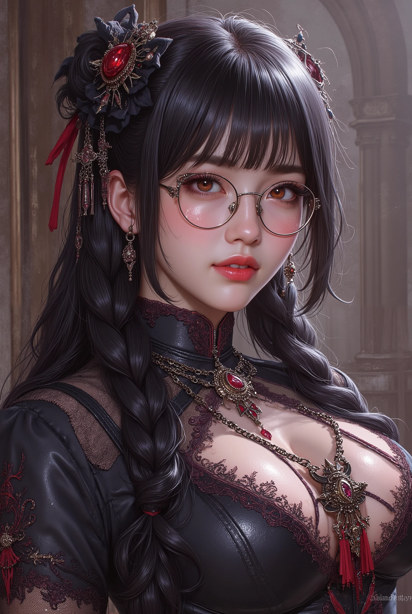 ( Highest Quality, best illustrations,high image quality:1.2), (Horror Fantasy:1.5), (ink and watercolor:1.5),(Ominous Scenery :1.5),(A lot of dust rises:1.5),( Dirt Track :1.5),(wonderful:1.5),(masterpiece:1.5), (Powerful figures:1.1、Big Breasts:1.3) 、 ((((glasses、 good shot, cute、 red eyes、 Evil Ruby's Cursed Necklace )))),(((glasses、Big Breasts、 braids)))、 cute face, raise eyebrows , ,(Fatal Beauty, charming beauty ) ,(Mysterious Charm:1.1),(Big Breasts、attractive silhouette), high image qualityテクスチャ 、High Quality Shadows、 beautiful and delicate face 、 beautiful, delicate, eyes are sticky liquid dripping 、 ray tracing 、 20th Generation、 cute K-POP girl、( The Face of Korea )、Thin face、( Ulzan-6500-v1.1:0.6)、 Face of Pure Loss _v1 , ( beautiful and delicate face , beautiful and delicate eyes, perfectly balanced face , high image quality skin , detailed skin, lens flares {x} perfect ratio 4 fingers to 1 thumb :1.25)、 DSLRs、 地獄から来たbeautiful悪魔女 , ATTRACTIVE GIRL , Real Girls, Gurwitz, Gurwitz-style Artwork , Girl Roleplay, Realistic 3d style, cgstation Popular Topics,, 8k portrait rendering BYMR. nomi ,(truth,truth:1.4,glassesの少女 :1.2)、cheek、 glossy lips, 1. オーバーサイズ comment: comment、 come up with an oversized design that covers shoulder to knee.。 navy blue or black are standard colors .、[ Soft khaki or beige , wait.、 Pick the right color for the season 。 2. choose the color that suits your skin : To protect yourself from the cold、 choose the color that suits your skin 、 ニットの質感と色を commentに合わせてください .。 3. ワイドレッグ pants: pants, choose a wide leg design 、combines mobility and style。Dark tone denim or black pants look great.。 4. knee-high boots: オーバーサイズ commentに含まれるもの、boots are black or dark brown Match the texture and color of the fashionable.、 Gives a stylish impression 。 5. accessories: The 。 Disney 、 long necklace 、6. handbag: handbag、let's match the color of your outfit.