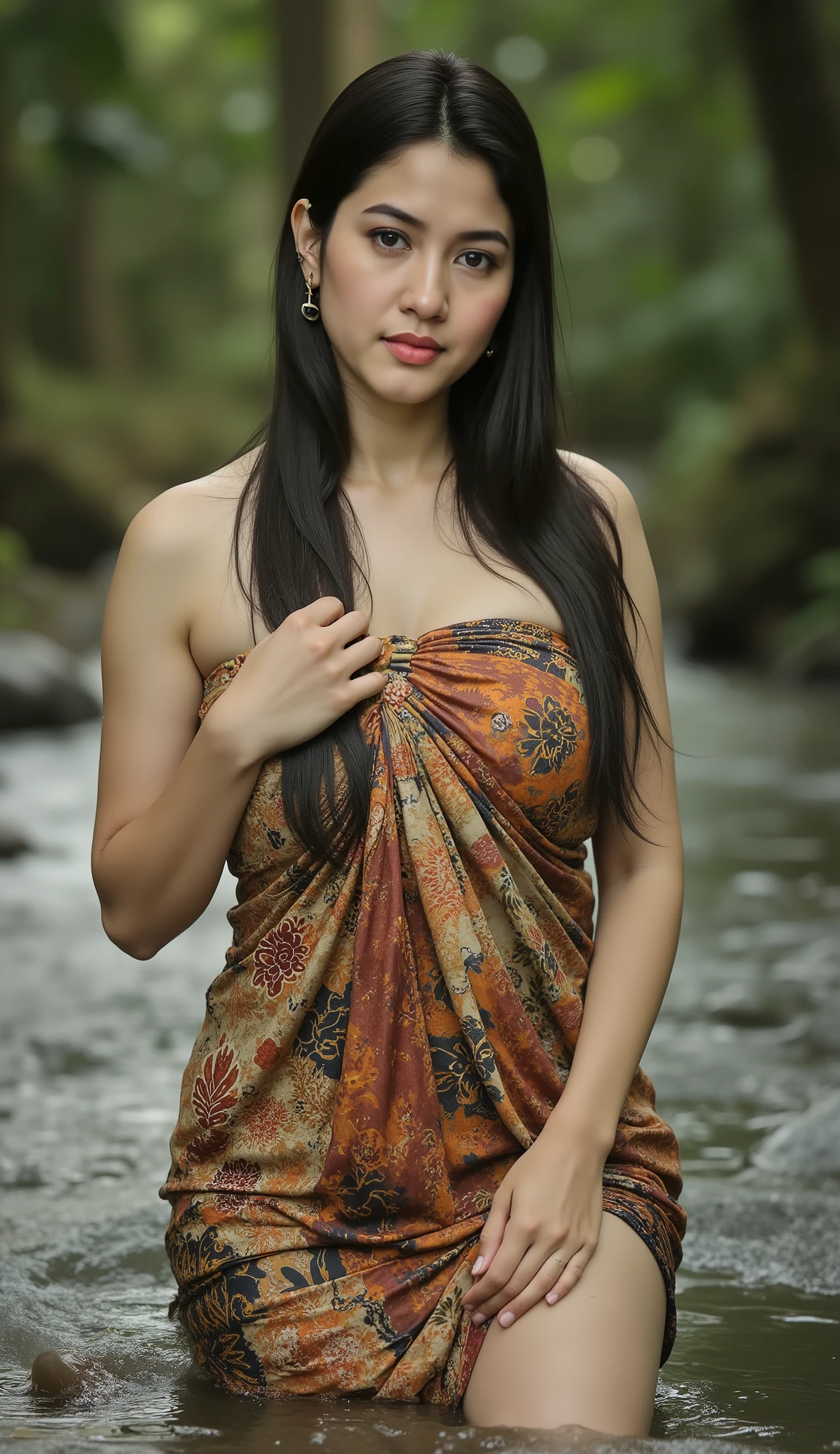 28 years old Royal Princess, A Javanese ancient kingdom warrior, outdoor photo shoot session,natural face shoot, closed up fotography, white and moody,wear Shabby Batik kemben ,reveal her voluptuous hourglass body and Reveal her sensual thigh, very big breasts, ancient times, soaking in clear river,Pure black very Long straight wet hair behind her back.