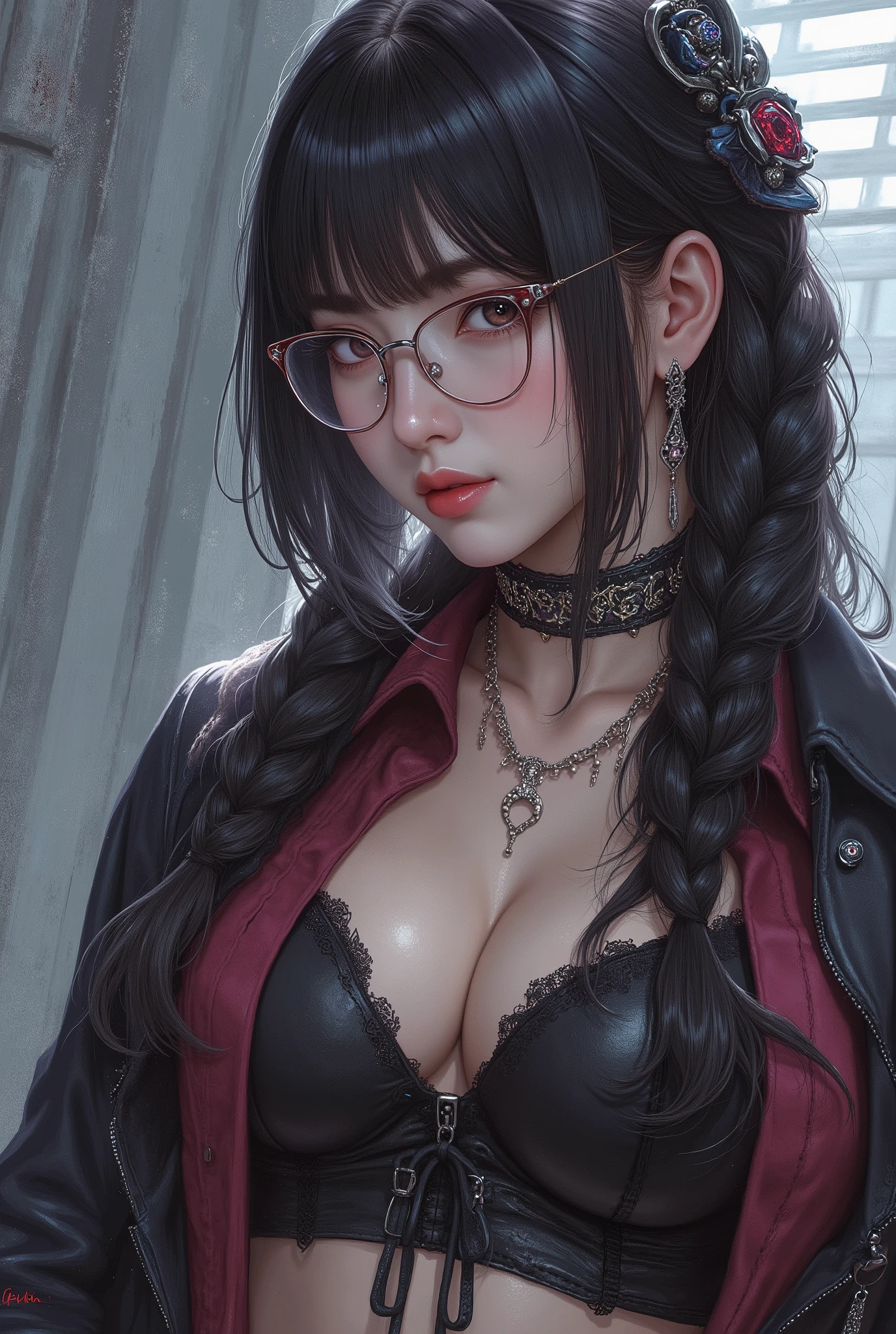 (  Highest Quality, best illustrations,high image quality:1.2), (Horror Fantasy:1.5), (ink and watercolor:1.5),(Ominous Scenery   :1.5),(A lot of dust rises:1.5),(  Dirt Track   :1.5),(wonderful:1.5),(masterpiece:1.5),  (Powerful figures:1.1、Big Breasts:1.3) 、 ((((glasses、 good shot, cute、 red eyes、 Evil Ruby's Cursed Necklace )))),(((glasses、Big Breasts、  braids)))、  cute face,  raise eyebrows , ,(Fatal Beauty,  charming beauty ) ,(Mysterious Charm:1.1),(Big Breasts、attractive silhouette),   high image qualityテクスチャ 、High Quality Shadows、   beautiful and delicate face   、 beautiful, delicate, eyes are sticky liquid dripping  、 ray tracing 、 20th Generation、 cute K-POP girl、( The Face of Korea )、Thin face、( Ulzan-6500-v1.1:0.6)、   Face of Pure Loss   _v1 , ( beautiful and delicate face ,  beautiful and delicate eyes,  perfectly balanced face ,  high image quality skin ,  detailed skin,  lens flares {x} perfect ratio 4 fingers to 1 thumb :1.25)、 DSLRs、   地獄から来たbeautiful悪魔女  ,    ATTRACTIVE GIRL  , Real Girls, Gurwitz,  Gurwitz-style Artwork , Girl Roleplay, Realistic 3d style, cgstation Popular Topics,,  8k portrait rendering BYMR. nomi ,（truth,truth:1.4,glassesの少女  :1.2)、cheek、 glossy lips, 1. オーバーサイズ comment:  comment、 come up with an oversized design that covers shoulder to knee.。 navy blue or black are standard colors .、[ Soft khaki or beige , wait.、 Pick the right color for the season 。 2.    choose the color that suits your skin    : To protect yourself from the cold、    choose the color that suits your skin   、 ニットの質感と色を commentに合わせてください .。 3. ワイドレッグ   pants:    pants,  choose a wide leg design 、combines mobility and style。Dark tone denim or black   pants look great.。 4. knee-high boots: オーバーサイズ commentに含まれるもの、boots are black or dark brown Match the texture and color of the fashionable.、  Gives a stylish impression  。 5. accessories:   The  。  Disney  、   long necklace  、6. handbag: handbag、let's match the color of your outfit.