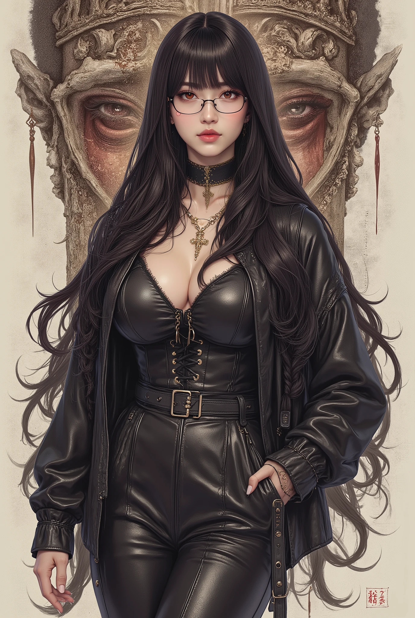 (  Highest Quality, best illustrations,high image quality:1.2), (Horror Fantasy:1.5), (ink and watercolor:1.5),(Ominous Scenery   :1.5),(A lot of dust rises:1.5),(  Dirt Track   :1.5),(wonderful:1.5),(masterpiece:1.5),  (Powerful figures:1.1、Big Breasts:1.3) 、 ((((glasses, cute、 red eyes、 Evil Ruby's Cursed Necklace )))),(((glasses、Big Breasts、  braids)))、  cute face,  raise eyebrows , ,(Fatal Beauty,  charming beauty ) ,(Mysterious Charm:1.1),(Big Breasts、attractive silhouette),   high image qualityテクスチャ 、High Quality Shadows、   beautiful and delicate face   、 beautiful, delicate, eyes are sticky liquid dripping  、 ray tracing 、 20th Generation、 cute K-POP girl、( The Face of Korea )、Thin face、( Ulzan-6500-v1.1:0.6)、   Face of Pure Loss   _v1 , ( beautiful and delicate face ,  beautiful and delicate eyes,  perfectly balanced face ,  high image quality skin ,  detailed skin,  lens flares {x} perfect ratio 4 fingers to 1 thumb :1.25)、 DSLRs、   地獄から来たbeautiful悪魔女  ,    ATTRACTIVE GIRL  , Real Girls, Gurwitz,  Gurwitz-style Artwork , Girl Roleplay, Realistic 3d style, cgstation Popular Topics,,  8k portrait rendering BYMR. nomi ,（truth,truth:1.4,glassesの少女  :1.2)、cheek、 glossy lips, 1. オーバーサイズ comment:  comment、 come up with an oversized design that covers shoulder to knee.。 navy blue or black are standard colors .、[ Soft khaki or beige , wait.、 Pick the right color for the season 。 2.    choose the color that suits your skin    : To protect yourself from the cold、    choose the color that suits your skin   、 ニットの質感と色を commentに合わせてください .。 3. ワイドレッグ   pants:    pants,  choose a wide leg design 、combines mobility and style。Dark tone denim or black   pants look great.。 4. knee-high boots: オーバーサイズ commentに含まれるもの、boots are black or dark brown Match the texture and color of the fashionable.、  Gives a stylish impression  。 5. accessories:   The  。  Disney  、   long necklace  、6. handbag: handbag、let's match the color of your outfit.