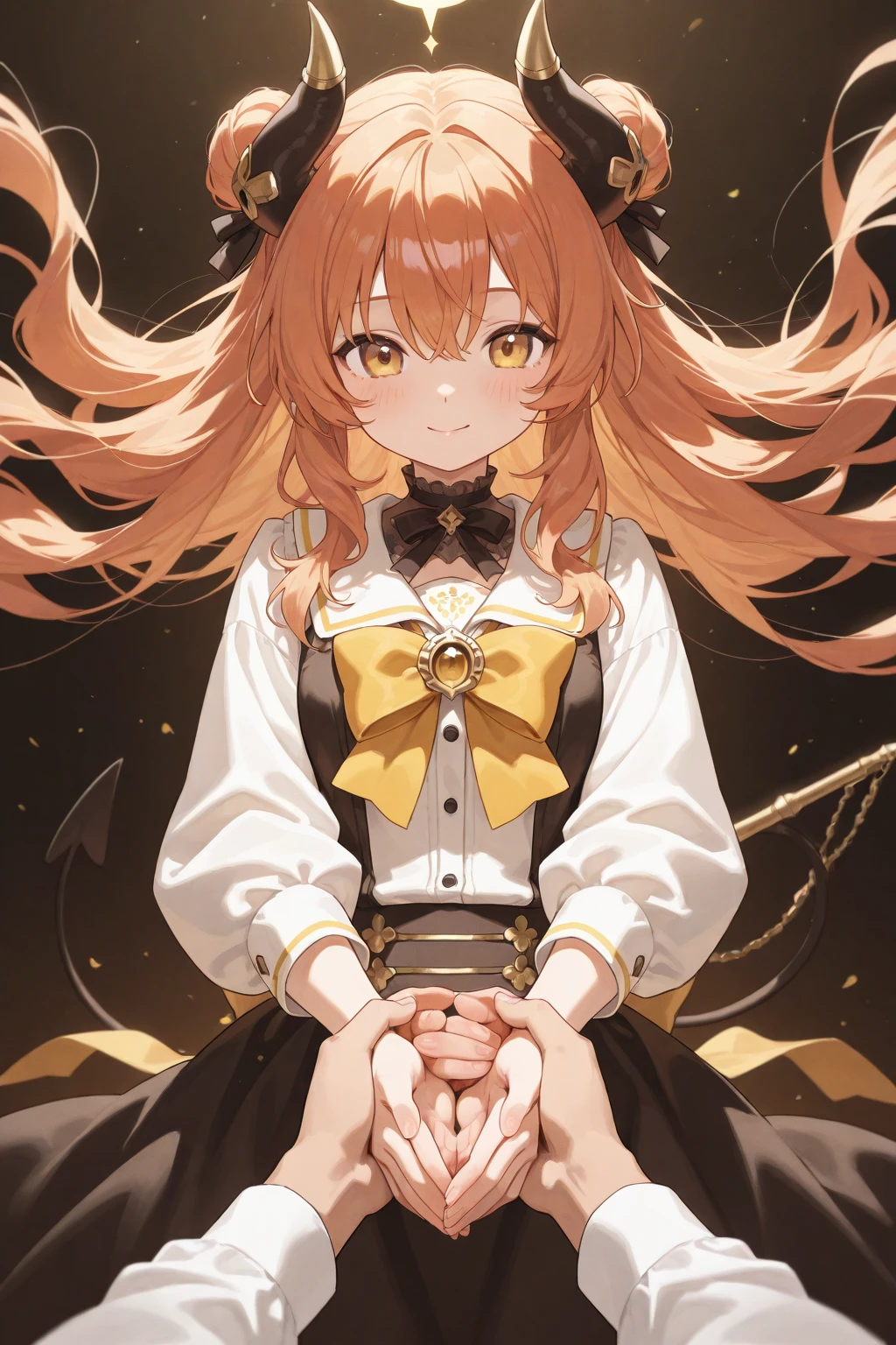 ((Masterpiece，8K，Top image quality，hiquality，Best Quality))girl1，(((1人)))，Lori，cute little，Dark hair，M-shaped bang，Golden Eyes，doress，Golden dress，Upper body only，1人，single