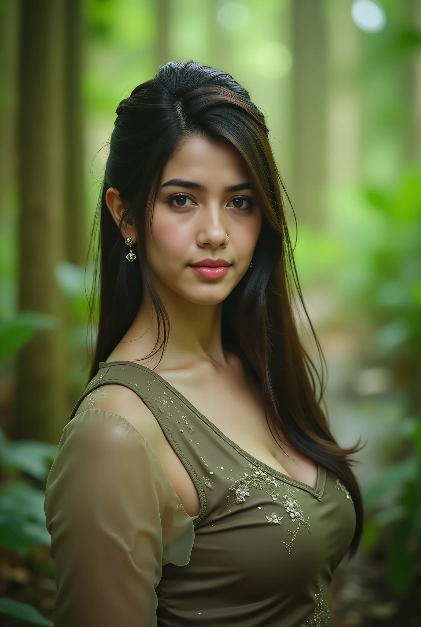 ( hyper-realistic 4K ), (whole body), high detail for human skin, (karya agung, highlighting pose: 1,2), 1 gadis, Solo, Beautiful and distinctive Indonesian high school girl, dynamic style , (besar ), Indonesian high school students in the forest, tinggi, cantik, muda, Sweet, wear school uniforms that cover their bodies gracefully, baju basah , wet body effect , efek hujan, Natural Skin Texture, Health-looking skin with even color, use natural light and color, black hair , long hair, tersenyum, Face full of fashionable expression, (depth of field, chromatic aberration, besar : 1,2, show cleavage, Wide lighting range, Natural shadow ), (Outdoor light during the day: 1,4).