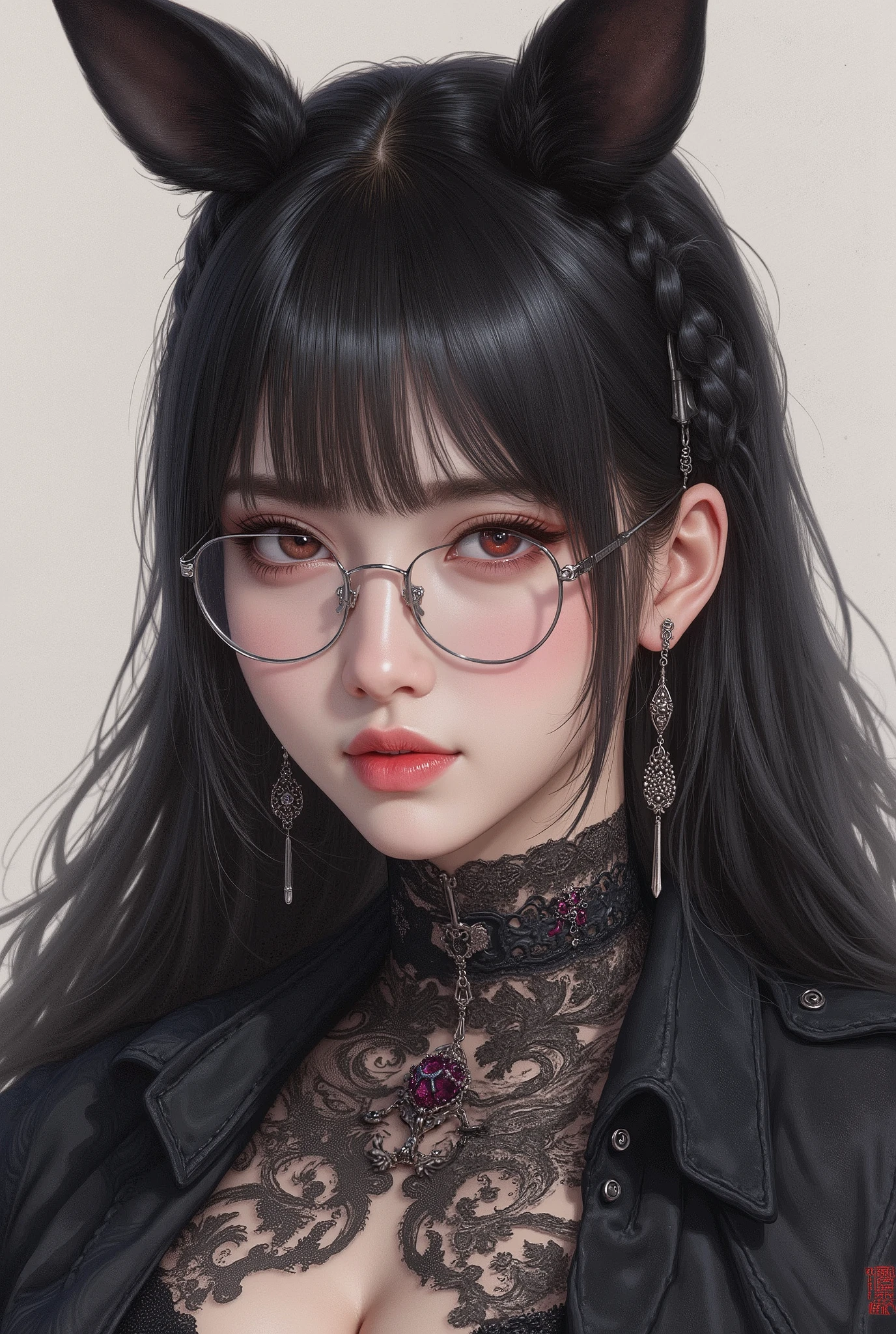 (  Highest Quality, best illustrations,high image quality:1.2), (Horror Fantasy:1.5), (ink and watercolor:1.5),(Ominous Scenery   :1.5),(A lot of dust rises:1.5),(  Dirt Track   :1.5),(wonderful:1.5),(masterpiece:1.5),  (Powerful figures:1.1、Big Breasts:1.3) 、 ((((glasses, cute、 red eyes、 Evil Ruby's Cursed Necklace )))),(((glasses、Big Breasts、  braids)))、  cute face,  raise eyebrows , ,(Fatal Beauty,  charming beauty ) ,(Mysterious Charm:1.1),(Big Breasts、attractive silhouette),   high image qualityテクスチャ 、High Quality Shadows、   beautiful and delicate face   、 beautiful, delicate, eyes are sticky liquid dripping  、 ray tracing 、 20th Generation、 cute K-POP girl、( The Face of Korea )、Thin face、( Ulzan-6500-v1.1:0.6)、   Face of Pure Loss   _v1 , ( beautiful and delicate face ,  beautiful and delicate eyes,  perfectly balanced face ,  high image quality skin ,  detailed skin,  lens flares {x} perfect ratio 4 fingers to 1 thumb :1.25)、 DSLRs、   地獄から来たbeautiful悪魔女  ,    ATTRACTIVE GIRL  , Real Girls, Gurwitz,  Gurwitz-style Artwork , Girl Roleplay, Realistic 3d style, cgstation Popular Topics,,  8k portrait rendering BYMR. nomi ,（truth,truth:1.4,glassesの少女  :1.2)、cheek、 glossy lips, 1. オーバーサイズ comment:  comment、 come up with an oversized design that covers shoulder to knee.。 navy blue or black are standard colors .、[ Soft khaki or beige , wait.、 Pick the right color for the season 。 2.    choose the color that suits your skin    : To protect yourself from the cold、    choose the color that suits your skin   、 ニットの質感と色を commentに合わせてください .。 3. ワイドレッグ   pants:    pants,  choose a wide leg design 、combines mobility and style。Dark tone denim or black   pants look great.。 4. knee-high boots: オーバーサイズ commentに含まれるもの、boots are black or dark brown Match the texture and color of the fashionable.、  Gives a stylish impression  。 5. accessories:   The  。  Disney  、   long necklace  、6. handbag: handbag、let's match the color of your outfit.