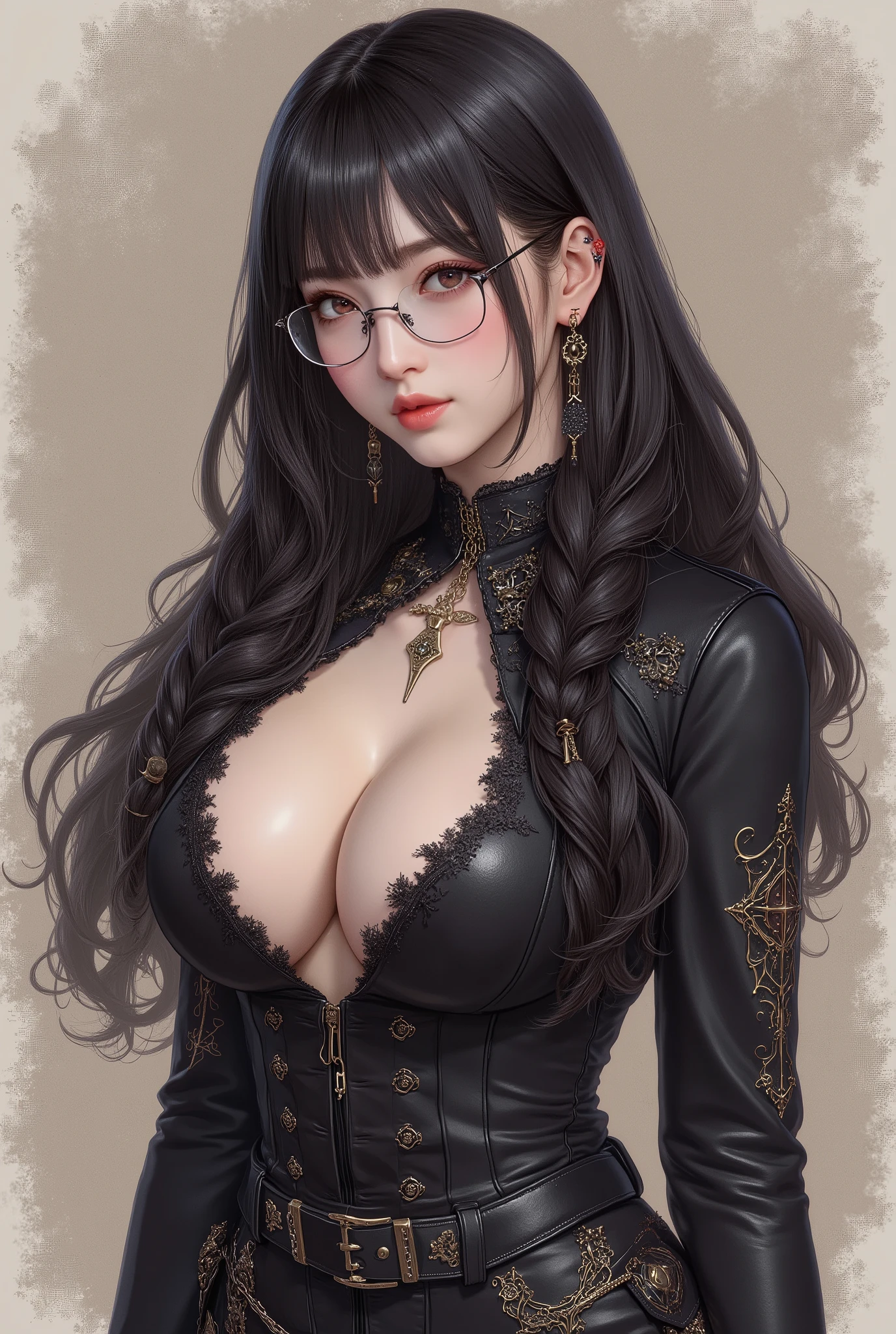 (  Highest Quality, best illustrations,high image quality:1.2), (Horror Fantasy:1.5), (ink and watercolor:1.5),(Ominous Scenery   :1.5),(A lot of dust rises:1.5),(  Dirt Track   :1.5),(wonderful:1.5),(masterpiece:1.5),  (Powerful figures:1.1、Big Breasts:1.3) 、 ((((glasses、best Shot, cute、 Red Eyes、 Evil Ruby's Cursed Necklace )))),(((glasses、Big Breasts、  braids)))、  cute face,  raise eyebrows , ,(Fatal Beauty,  charming beauty ) ,(Mysterious Charm:1.1),(Big Breasts、attractive silhouette),   high image qualityテクスチャ 、High Quality Shadows、   beautiful and delicate face   、 beautiful, delicate, eyes are sticky liquid dripping  、 ray tracing 、 20th Generation、 cute K-POP girl、( The Face of Korea )、Thin face、( Ulzan-6500-v1.1:0.6)、   Face of Pure Loss   _v1 , ( beautiful and delicate face ,  beautiful and delicate eyes,  perfectly balanced face ,  high image quality skin ,  detailed skin,  lens flares {x} perfect ratio 4 fingers to 1 thumb :1.25)、 DSLRs、   地獄から来たbeautiful悪魔女  ,    ATTRACTIVE GIRL  , Real Girls, Gurwitz,  Gurwitz-style Artwork , Girl Roleplay, Realistic 3d style, cgstation Popular Topics,,  8k portrait rendering BYMR. nomi ,（truth,truth:1.4,glassesの少女  :1.2)、cheek、 glossy lips, 1. オーバーサイズ comment:  comment、 come up with an oversized design that covers shoulder to knee.。 navy blue or black are standard colors .、[ Soft khaki or beige , wait.、 Pick the right color for the season 。 2.    choose the color that suits your skin    : To protect yourself from the cold、    choose the color that suits your skin   、 ニットの質感と色を commentに合わせてください .。 3. ワイドレッグ   pants:    pants,  choose a wide leg design 、combines mobility and style。Dark tone denim or black   pants look great.。 4. knee-high boots: オーバーサイズ commentに含まれるもの、boots are black or dark brown Match the texture and color of the fashionable.、  Gives a stylish impression  。 5. accessories:   The  。  Disney  、   long necklace  、6. handbag: handbag、let's match the color of your outfit.