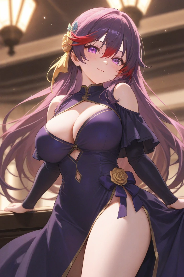high quality, ultra detailed, best quality, insanely detailed, beautiful, masterpiece, 1girl, medieval plaza, cowboy shot, red eyes, long hair, purple hair, belly dancer, circlet, earrings, armlets, bracelets, bashful smile, large breasts, cleavage, soft stomach