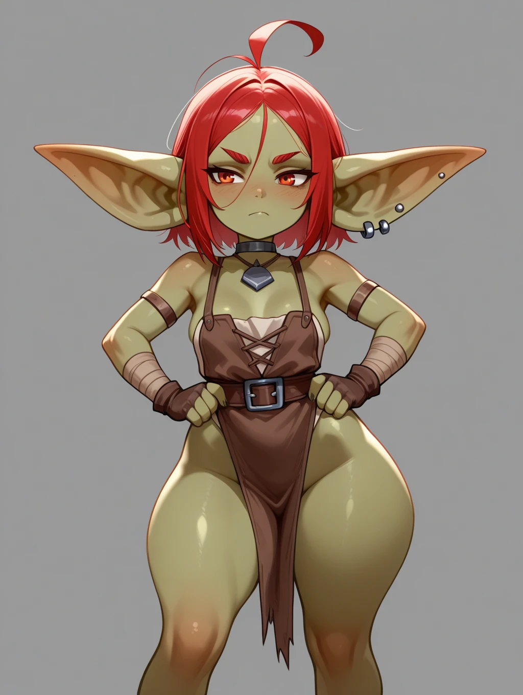 1 girl, small, goblin girl, female goblin, goblin, (green skin), ((large ears)), full body, (muscular) , jeans hot pants, (((short black hair))), (curvy), ((wide hips)), ((hoop earrings)), small breads, overalls, upper body
