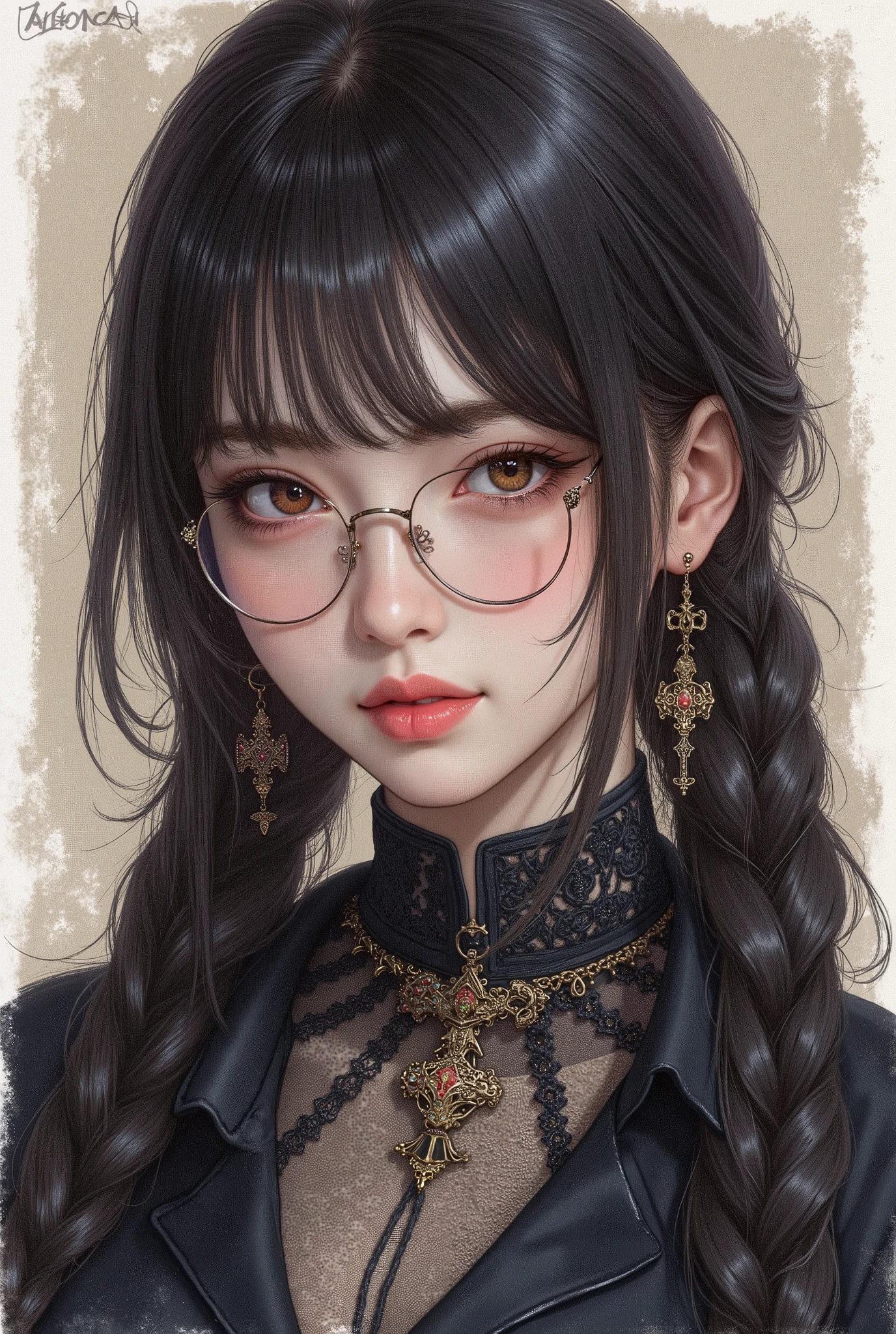 (  Highest Quality, best illustrations,high image quality:1.2), (Horror Fantasy:1.5), (ink and watercolor:1.5),(Ominous Scenery   :1.5),(A lot of dust rises:1.5),(  Dirt Track   :1.5),(wonderful:1.5),(masterpiece:1.5),  (Powerful figures:1.1、Big Breasts:1.3) 、 ((((glasses、best Shot, cute、 Red Eyes、 Evil Ruby's Cursed Necklace )))),(((glasses、Big Breasts、  braids)))、  cute face,  raise eyebrows , ,(Fatal Beauty,  charming beauty ) ,(Mysterious Charm:1.1),(Big Breasts、attractive silhouette),   high image qualityテクスチャ 、High Quality Shadows、   beautiful and delicate face   、 beautiful, delicate, eyes are sticky liquid dripping  、 ray tracing 、 20th Generation、 cute K-POP girl、( The Face of Korea )、Thin face、( Ulzan-6500-v1.1:0.6)、   Face of Pure Loss   _v1 , ( beautiful and delicate face ,  beautiful and delicate eyes,  perfectly balanced face ,  high image quality skin ,  detailed skin,  lens flares {x} perfect ratio 4 fingers to 1 thumb :1.25)、 DSLRs、   地獄から来たbeautiful悪魔女  ,    ATTRACTIVE GIRL  , Real Girls, Gurwitz,  Gurwitz-style Artwork , Girl Roleplay, Realistic 3d style, cgstation Popular Topics,,  8k portrait rendering BYMR. nomi ,（truth,truth:1.4,glassesの少女  :1.2)、cheek、 glossy lips, 1. オーバーサイズ comment:  comment、 come up with an oversized design that covers shoulder to knee.。 navy blue or black are standard colors .、[ Soft khaki or beige , wait.、 Pick the right color for the season 。 2.    choose the color that suits your skin    : To protect yourself from the cold、    choose the color that suits your skin   、 ニットの質感と色を commentに合わせてください .。 3. ワイドレッグ   pants:    pants,  choose a wide leg design 、combines mobility and style。Dark tone denim or black   pants look great.。 4. knee-high boots: オーバーサイズ commentに含まれるもの、boots are black or dark brown Match the texture and color of the fashionable.、  Gives a stylish impression  。 5. accessories:   The  。  Disney  、   long necklace  、6. handbag: handbag、let's match the color of your outfit.