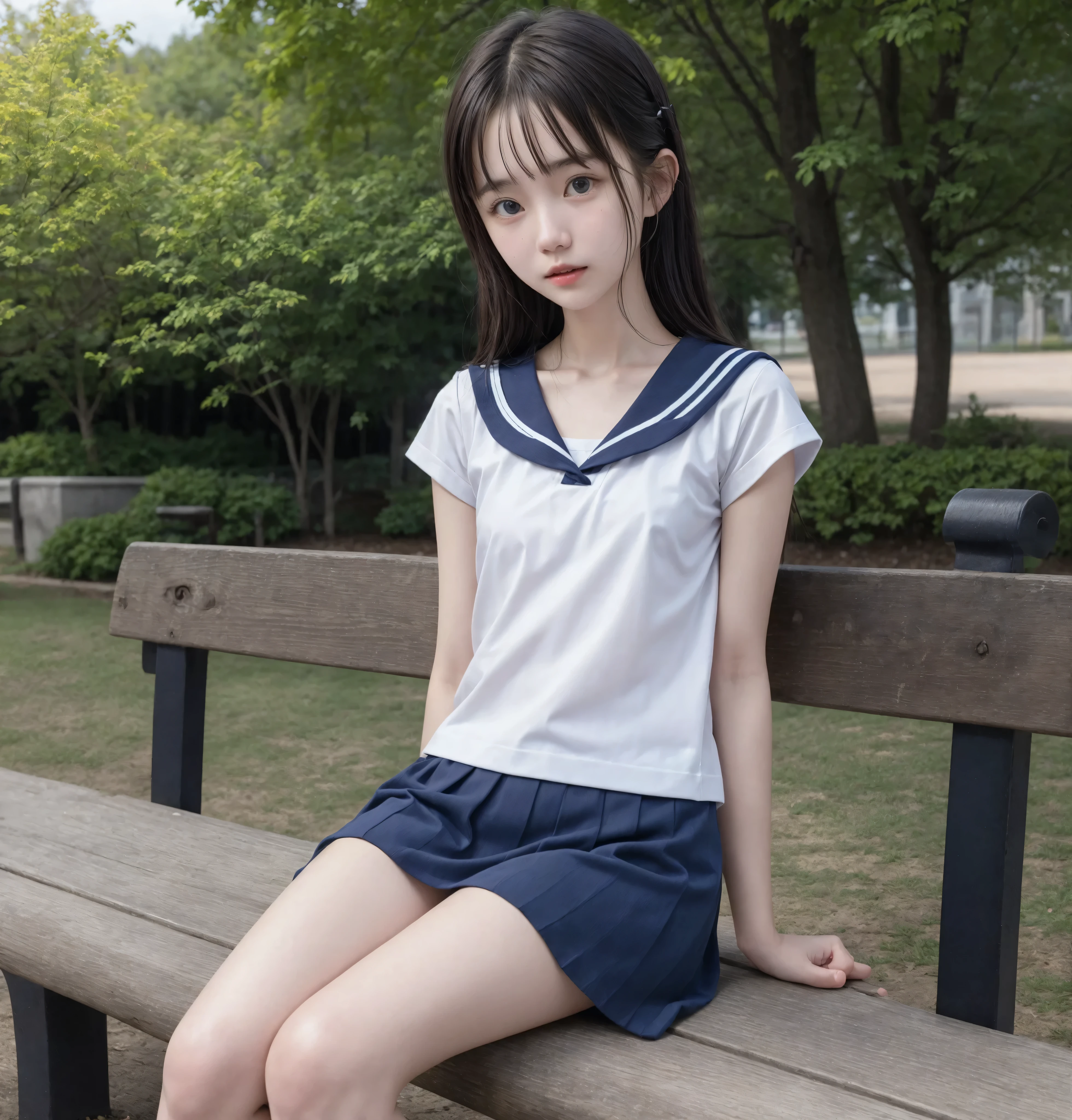 20 years old,cute girl playing with snow,かわいいyounger女の子,slender,Skinny,short,skinny,slender body,Low body weight,younger,cute hairpins,sailor suit cosplay,navy blue skirt,realistic,Seated on a Park Bench,small breasts,japanese, thin shoulders,black tights,dark hair