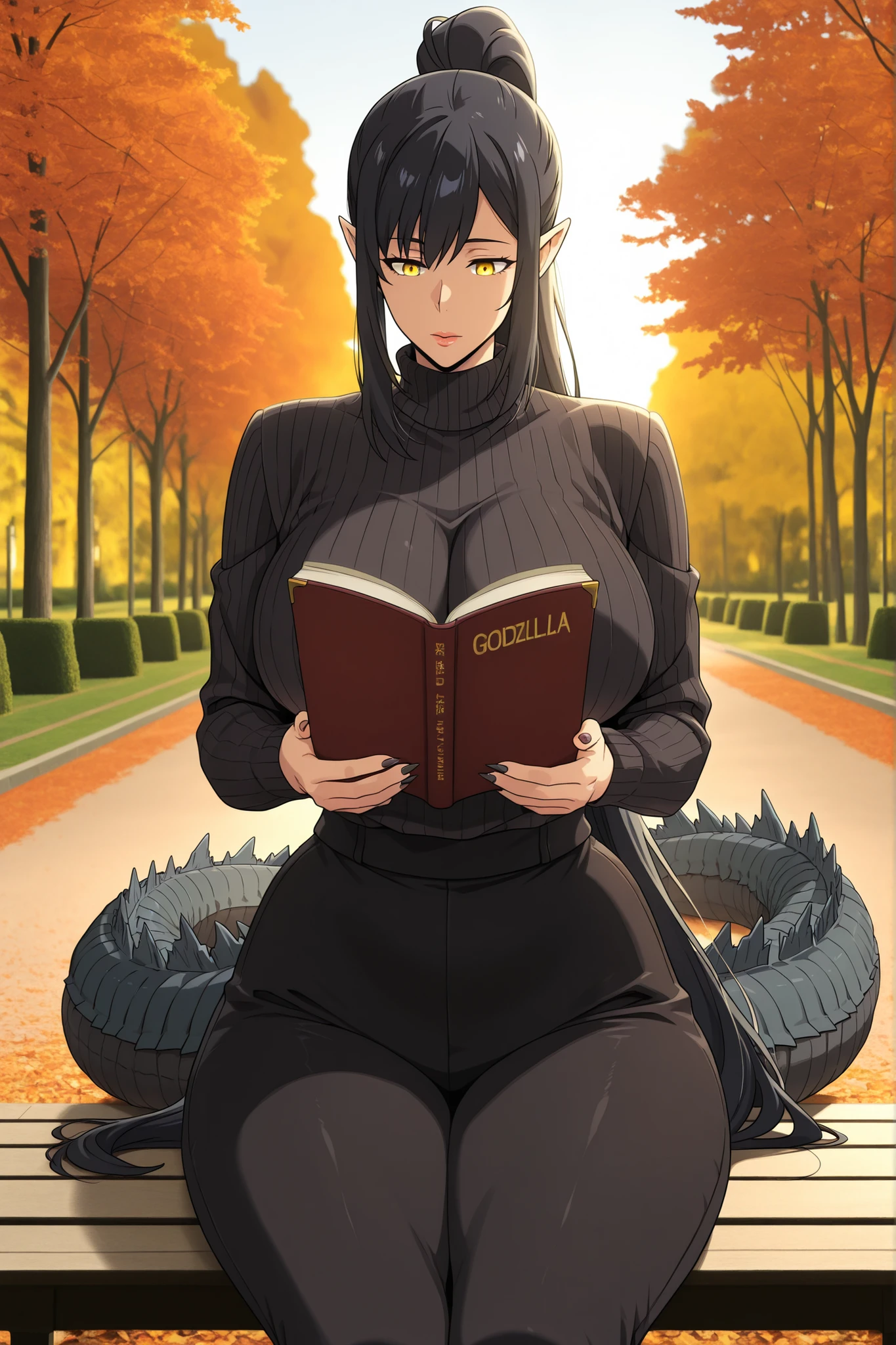 anime screencap, masterpiece, best quality, kajiu-jin-ah, 1girl, adult Female, yellow eyes, absurdly long hair, ponytail, sidelocks, pointy ears, Godzilla tail, Godzilla long tail, very long tail, black hair, nails claws, ractical body shape, glamorous bodies, attractive bodies, Slutty, Neat, huge breast, small breast, big hips, thick thighs, ((Godzilla 2021 \(Godzilla\) \(cosplay\), well-trained body, ((black turtleneck sweater, black pants,)), glowing, Lips, both holding Bible book jesus cross, reading, looking at books, sitting on a park, cowboy shot , autumn , scenery , forest , tree , day , photo background , sunset, blurry background,