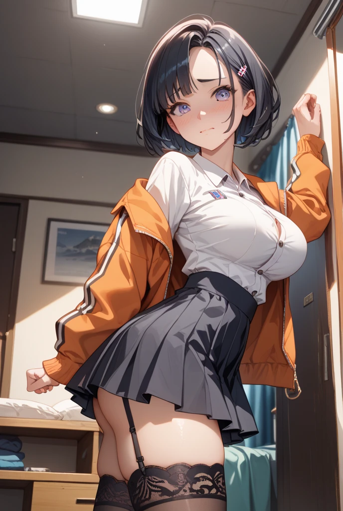 Little sister, cute bra, 8K, best quality, 16 years old, smile, looking at camera, red cheeks, (school uniform), embarrassed, delicate hands, at home, love my brother, clear liquid leaking from ??????, black hair, bob hair, bog hair, showing off ???????, taking off clothes and showing off ???????, pink ???????, ???????, ????? sticking out pose, cute pose, full body