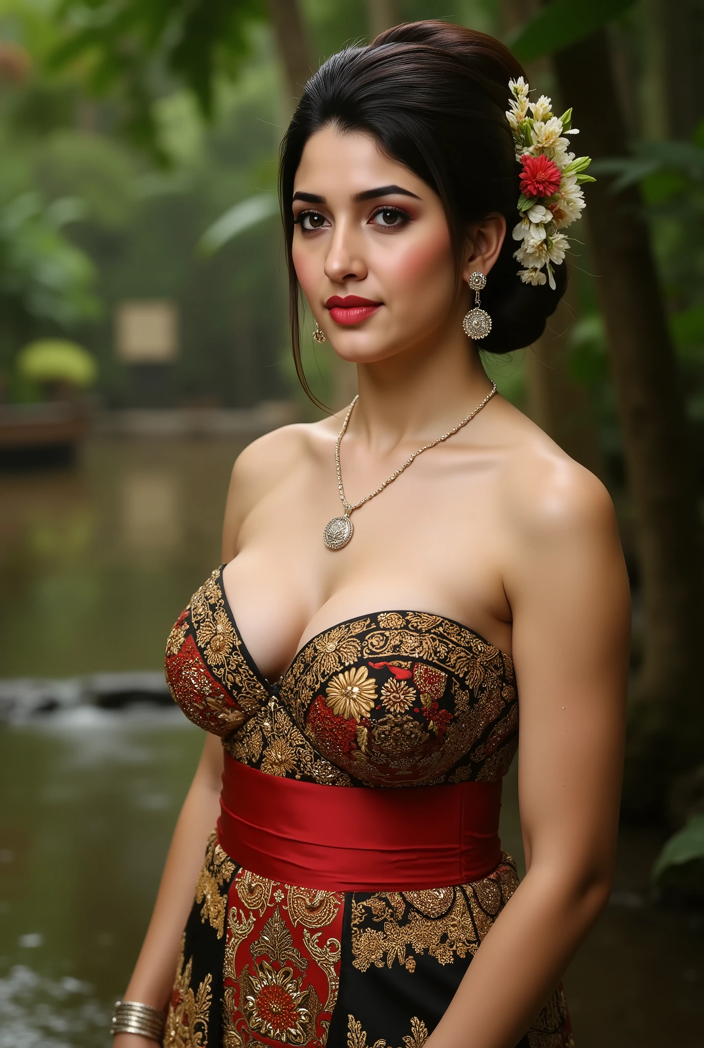 tradisional Jawa,kemben jarik,payudara bulat,huge breasts,water droplets create the effect of wet water,