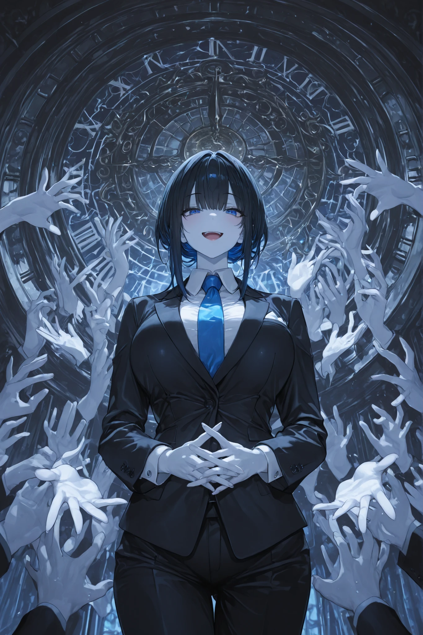 ((top quality)), ((Masterpiece)), ( details), animation、top quality、details、((Many hand)))、adult woman, black hair、blue eye、white skin、Facing the Front、god、open Mouth and smile 、(expand your hands)、black suit, (huge clock)