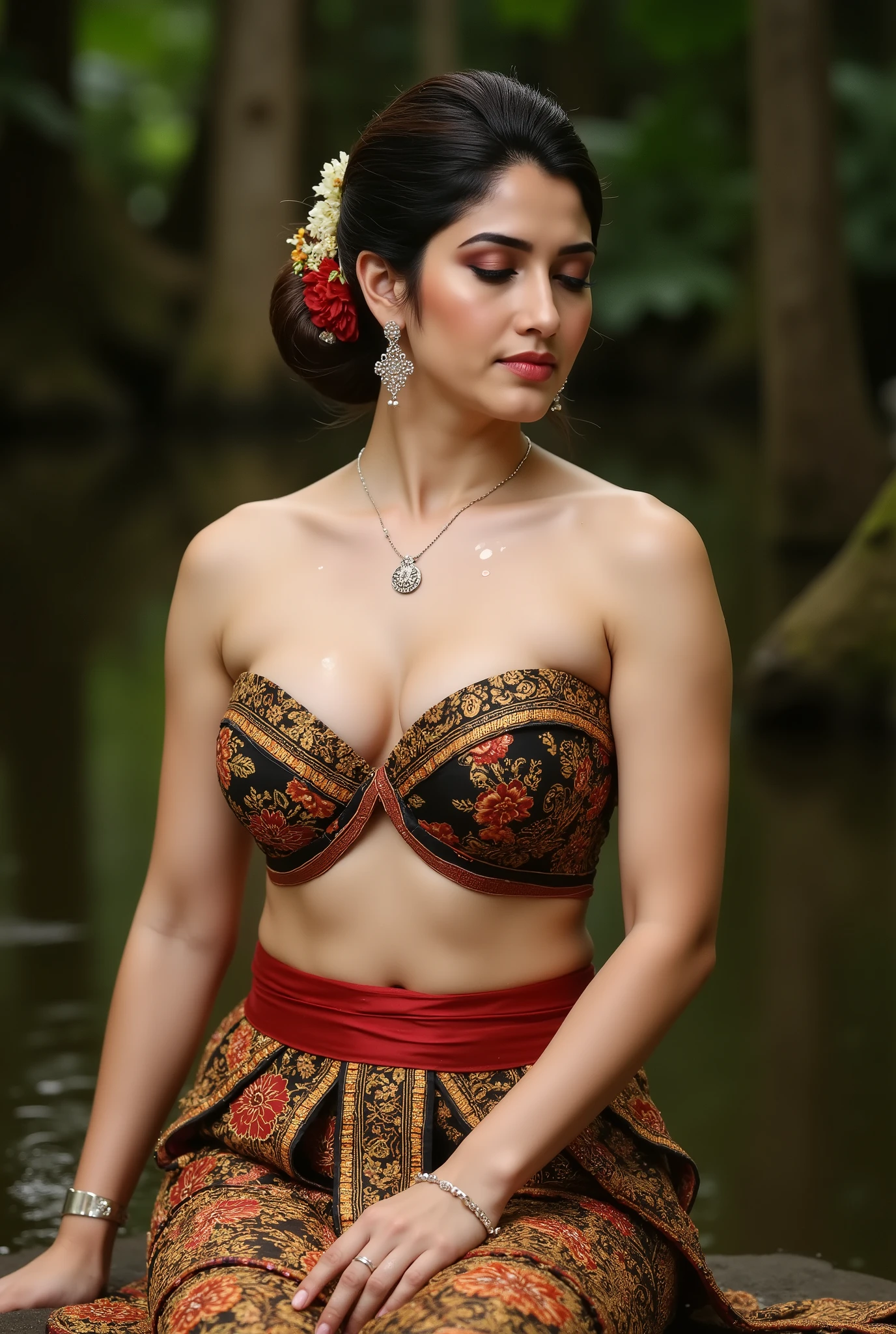 tradisional Jawa,kemben jarik,payudara bulat,huge breasts,water droplets create the effect of wet water, fitting shoes in sitting position