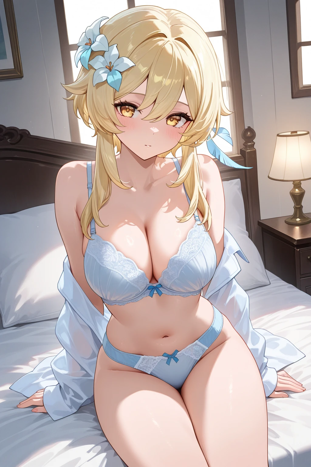 best quality, 4K,  ), Short beautiful woman, blond、Long hair、Hair length、Blue delicate pupil kawaii pose、a smile、huge 、 Super detailed，full-body shot，，White裹胸吊带松弛，White，Showing belly，Smooth thighs、Touch your buttocks with one hand，Delicateeyes, debauchery, White布裹住身体  光滑的皮膚, (Large Breasts), round chest、Red blush。Lying sideways on the bed with pillows，protrait photo，Just woke up