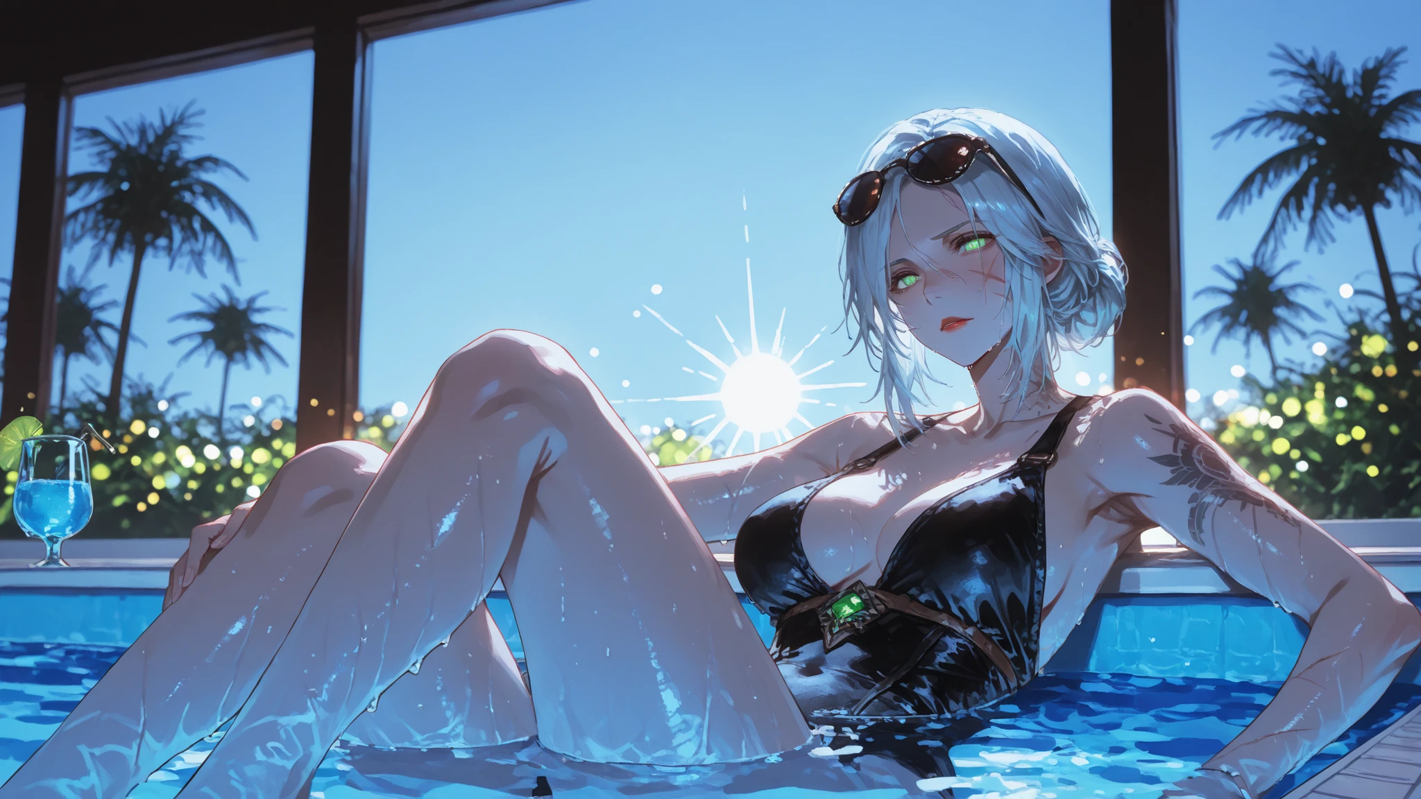 1girl, ciri, ciri(witcher), scar on face, ciri(Witcher3), u u zan, Masterpiece, amazing quality, 8k, ultra detailed, refined details, chill, high resolution, HD, masterwork, digital illustration, 7481llu, LDSCH, dynamic pose, glowing eyes, dynamic angle, crisp outlines, vibrant colors, soft shading, bright lighting, ultra-detailed, high contrast, bokeh, volumetric lighting, lipstick, blurry, depth of field, absurdres, best quality, newest, very aesthetic,Ciri, from The Witcher, in a contemporary setting, poolside, under the afternoon sun. Ciri appears with her signature ashen hair, now styled in a casual, messy bun, and her emerald green eyes, sparkling in the sunlight. She has a fair complexion, lightly sun-kissed, and is adorned with a small, delicate tattoo on her shoulder. She's clad in a stylish, black one-piece swimsuit, and a pair of oversized sunglasses perched on her head. She's reclining on the edge of a modern, infinity pool, dangling her feet in the water, her expression serene, with a subtle hint of mischief. The lighting is warm and radiant, with the sun creating a gentle glow around her, and the water reflecting the light. The scene is set in a tropical paradise, with lush greenery, swaying palm trees, and a clear blue sky. The background reveals a modern villa with large glass windows. The shot is a close-up, focusing on Ciri's face and upper body, with a painterly rendering style, capturing fine details, and soft bokeh in the background