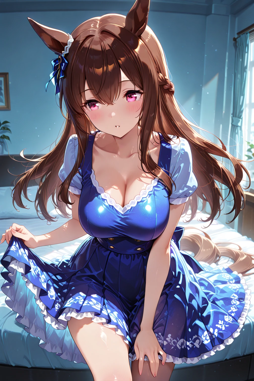 A beautiful girl in a blue dress sitting on a bed with rose petals, anime girl,masterpiece, longing, closeup cleavage, Big eyes, KawaTech, kawaii, Cute, Pastel colors, Best Quality, cheerfulness, Deep background, Symmetrical, Head Tilted, 1girl in, lightsmile, Shiny skin, Best Quality, masterpiece, (Game CG:1.4), , Detailed beautiful face and eyes, bottom shot, turned around, hight resolution, (high detailed face), ((((1girl in)))), ((( Solo ))), delicate and pretty, Perfect face, Beautiful detailed eyes, ((Smile)), earrings, smile, blush, pupils sparkling, Fair skin, Real Human Skin, ((((20 years old )))), (big round )), Baby face, dark brown hair, pink gradient bangs, long bangs, long hair, (((Ponytail))), wavy hair, swept bangs, shiny hair, hairclip, ribbon, hair flower, gymnastic suit, masterpiece, super fine illustration, best quality, light particles, ultra-detailed, 8K wallpaper, (bright colors:1.2), solo, ((a little girl)), , (brown hair), shiny skin, (wearing pale blue and white horizontal striped dress, short sleeve), (frilled miniskirt), (white legwear), ((horizontal striped )), (beautiful green eyes, shiny eyes, big eyes), affectionate smile, seductive smile, closed mouth, shadowblush cheeks, (naughty room),, panorama, Wide-Angle, f/1.8, 85mm, Nikon, 8k, super detail, UHD, retina, masterpiece, accurate, anatomically correct, textured skin, high details, best quality, highres, pink bed), (pink pillows), (pink curtain), looking back, get d16(own , , sunlight, high detail, anime, anime style, cinematic lighting, dithering, image fill, framed, pov, perspectivek