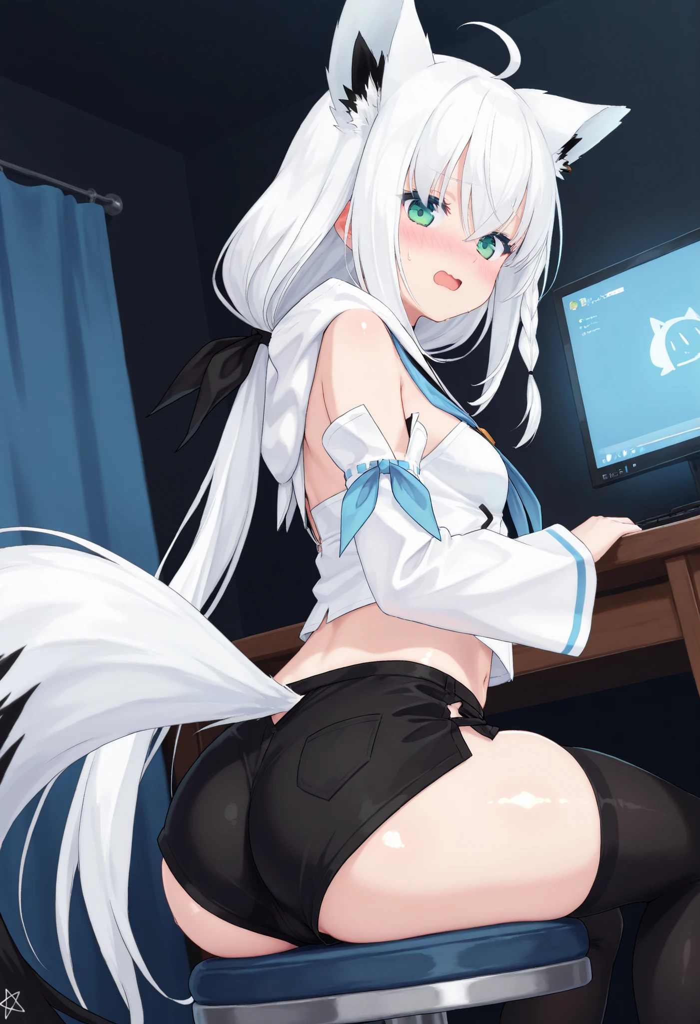 1girl, masterpiece, shiny skin, focus butt, from behind, from below:0.8, fubuki_nml,solo,white hair,ahoge,detached sleeves,green eyes,braid,hair between eyes,bangs,blue neckerchief,hood,hoodie,long hair,white hoodie,neckerchief,animal ear fluff,fox tail,thighhighs,thighhighs,thigh strap,black shorts,navel, small breasts, round butt, covered butt:2.0, looking at viewer, blush, embarrassed face, open mouth, sitting on stool, personal computer
