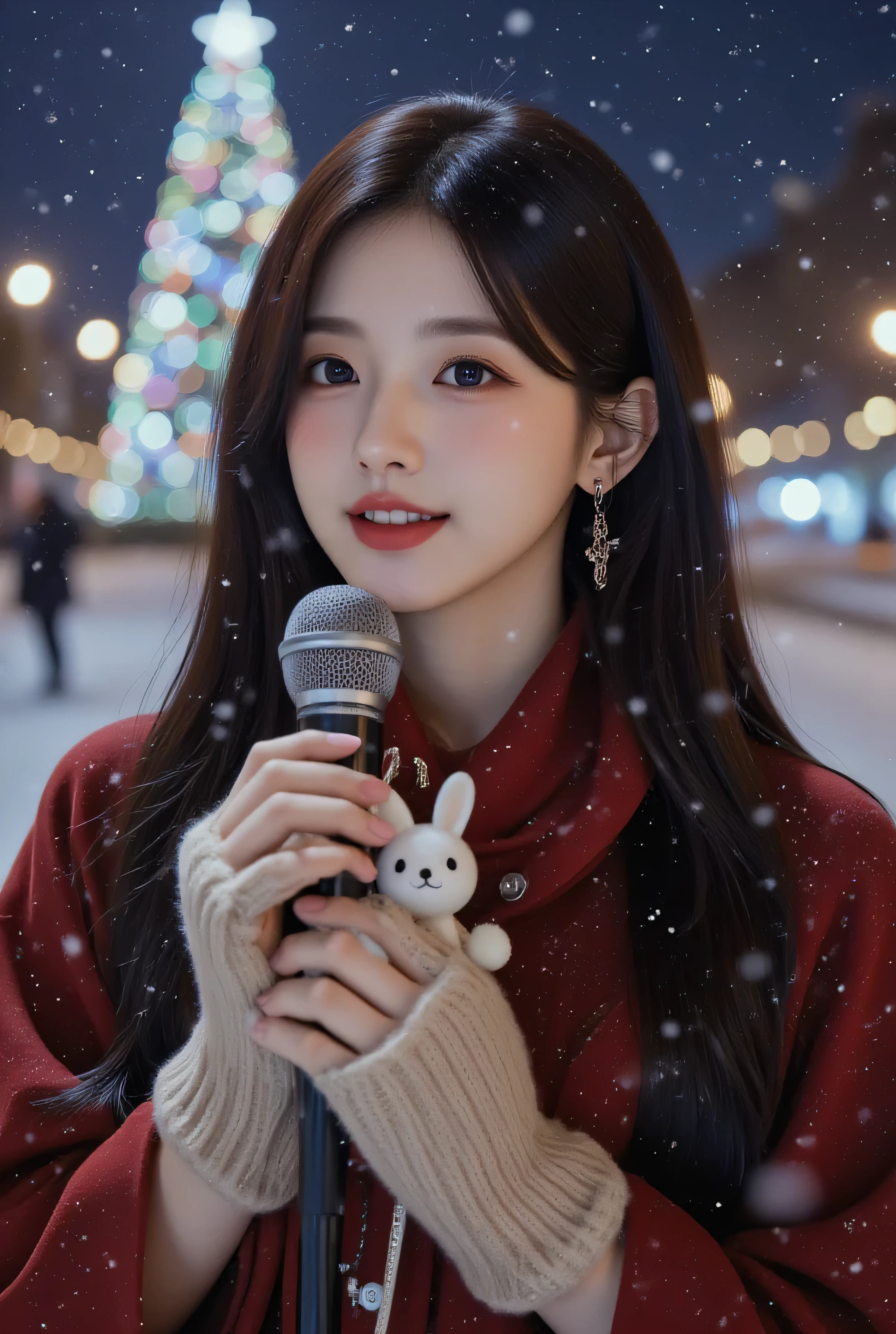Upper body close-up of Jiyeon_oc:1.2, Korean girl with black long hair and a small silver hairpin, wearing a red muffler and beige wool mittens, smiling while singing into a stand microphone. A cute bunny key ring hangs from the microphone. Heavy snow is falling around her. Background: snowy Seoul city street at night with a large Christmas tree decorated with colorful lights and ornaments, creating a festive atmosphere.