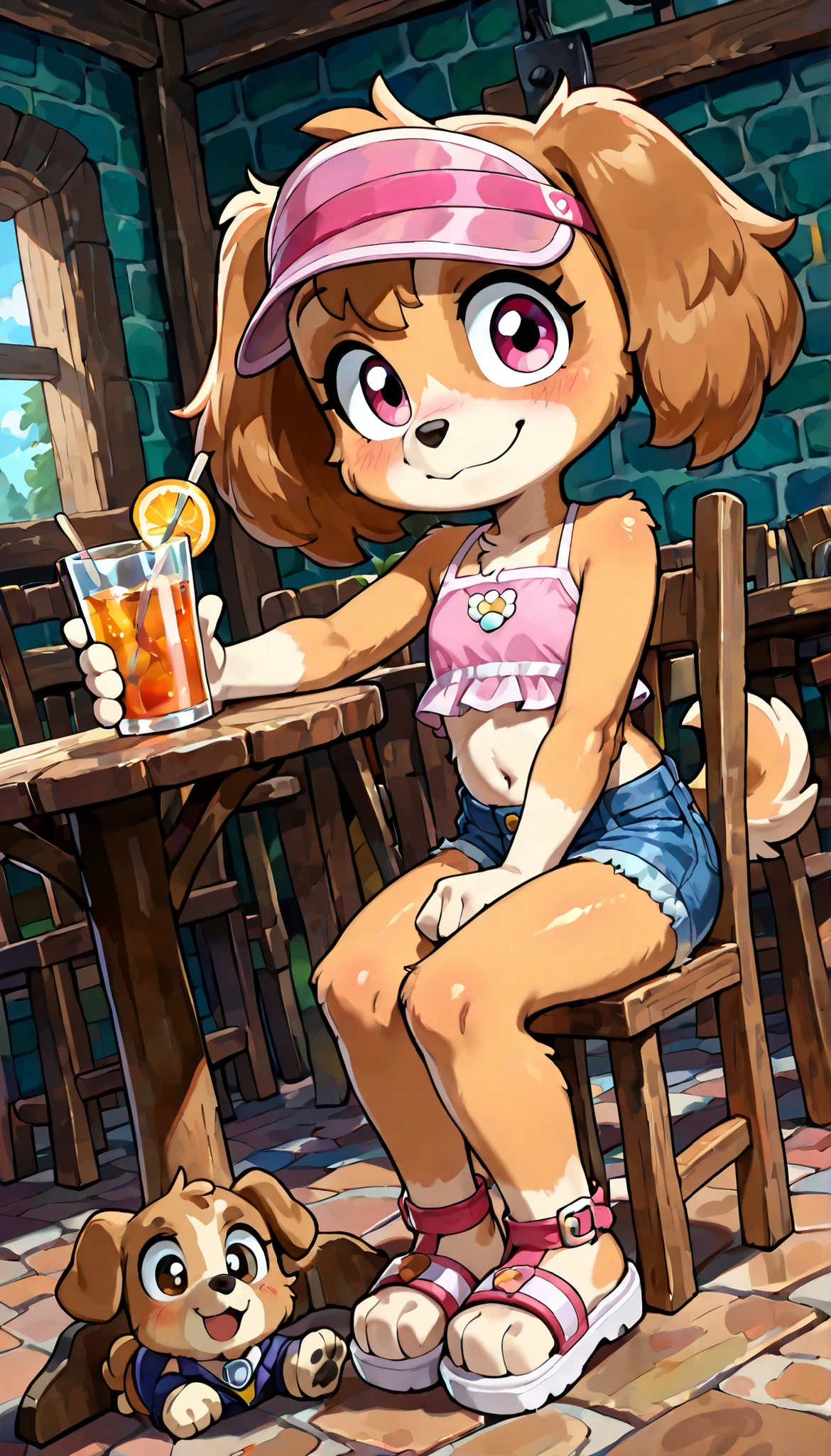 score_9, score_8_up, score_8, source_cartoon, source_furry, 1girl, solo, Skye(PP), dog, anthro, dog, furry, Cockapoo, pink eyes, golden-brown body fur, golden-brown hair, cute face, 4 fingers, ((pink visor cap, pink frilly tankini, midriff, denim shorts, sandals)), full body, feets with three toes, confident face, short body, thin body, glistering body, shiny body, (Small, Short:1.1), (young cub:1.2), looking at viewer, standing, anime style, thick outline, sitting on chair, having a romantic date at a tavern, table with glass drink, front table, dynamic angle,