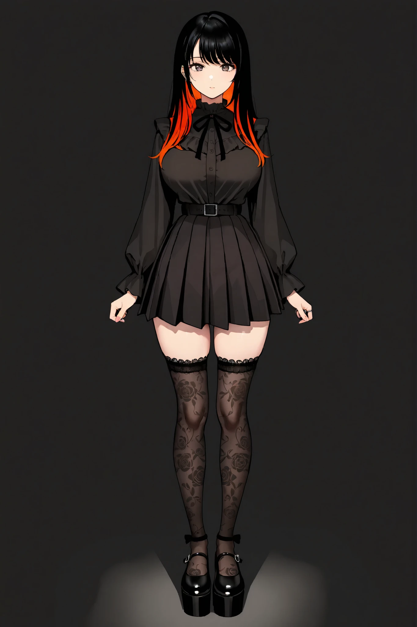 ((inspired by)),(((masterpiece)), ((best quality)),((ultra detail)),), beautiful-woman, ((detailed face)),((detailed body)),(full body:1.3)., 
finger repair,Finger optimization,complete repair,full body, perfect body, perfect , body shine, beautiful body, perfect , perfect ,,,  
,.

1-woman
(The woman is wearing jirai-kei fashion).(platform footwear). ,(frilled lace-socks:1.2),(colored inner hair),(colored tips),large 。

The woman is wearing jirai-kei fashion; Wine-red long-sleeve blouse with black lace trim, front ruffle detail, and ribbon lace-up accents on sleeves; black lace peplum waist belt with silver grommet hardware; black high-waisted pleated mini skirt; black thigh-high stockings featuring large bow accents at the front of thighs; proposed black Mary Jane platform shoes,